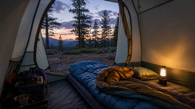 Warm tent sleep setup at dusk with pad, sleeping bag, pillow, and lantern