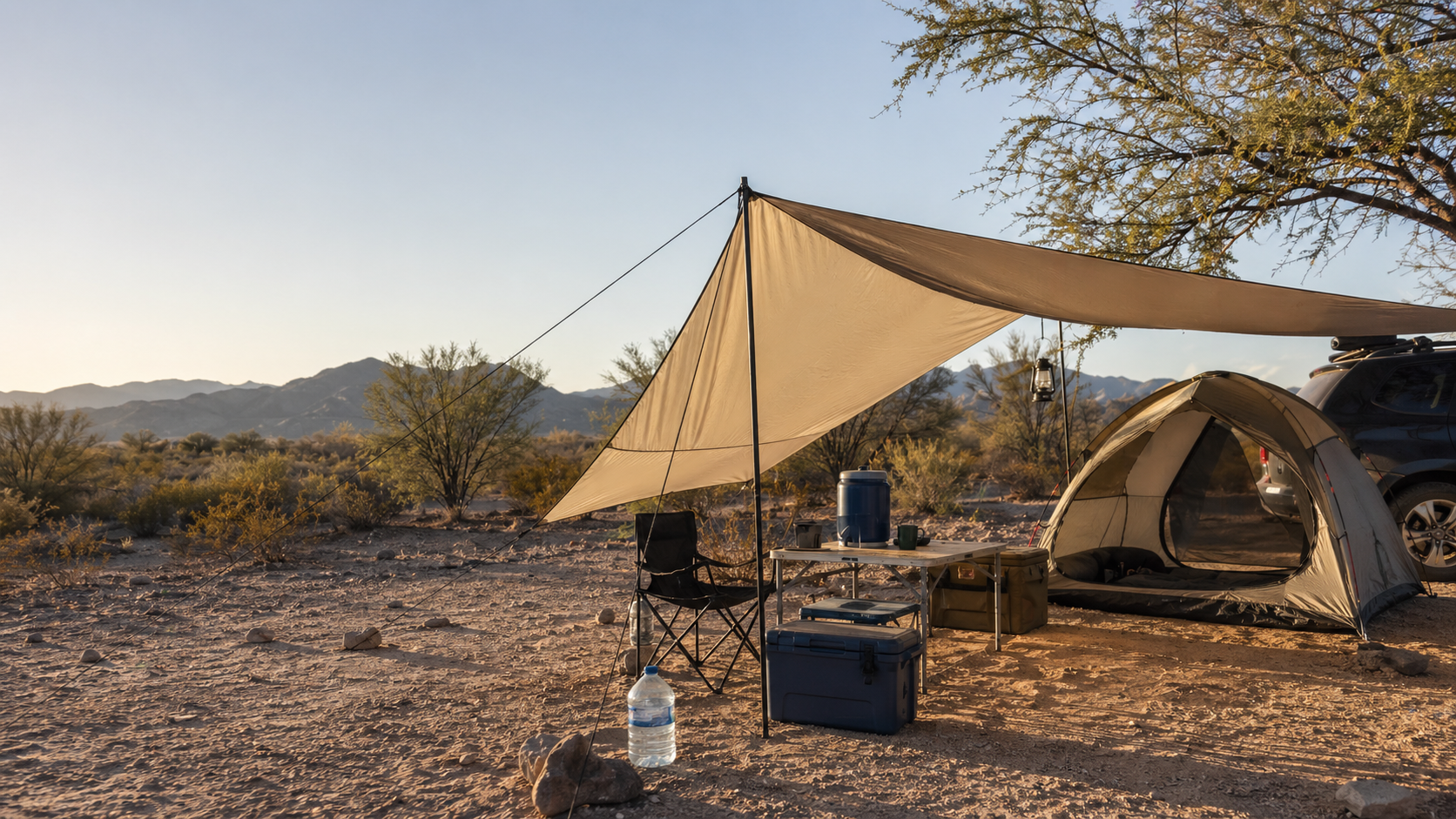 Arizona desert campsite with shade tarp, water, cooler, tent, and late-day light