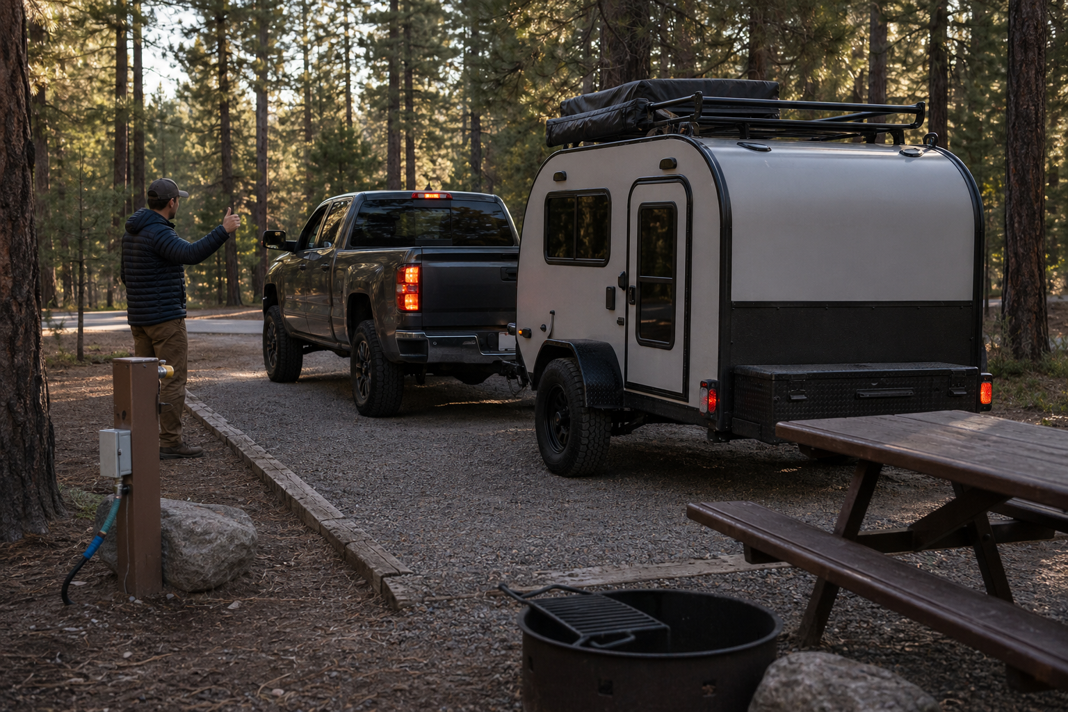 Trailer backing into a campsite pad with fire ring, picnic table, and hookups shown