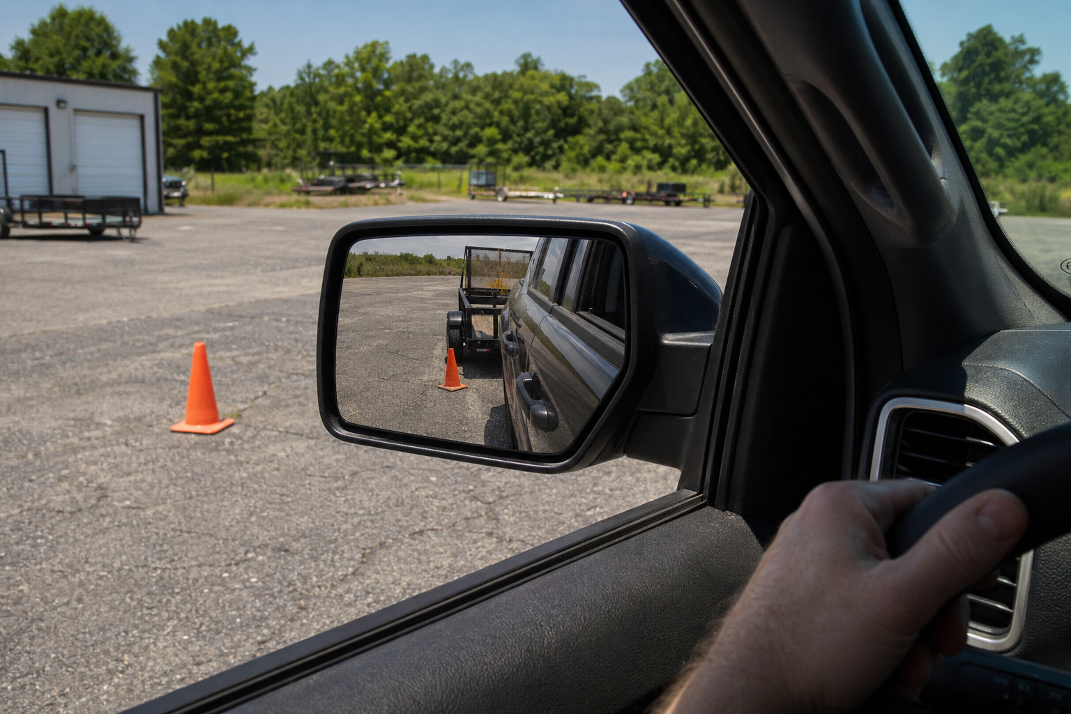 Trailer and cone alignment visible in a side mirror while backing up