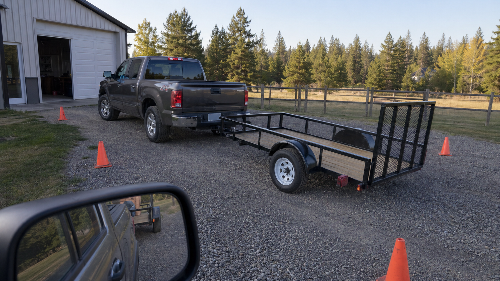 Pickup truck backing a small utility trailer in an open driveway with cones
