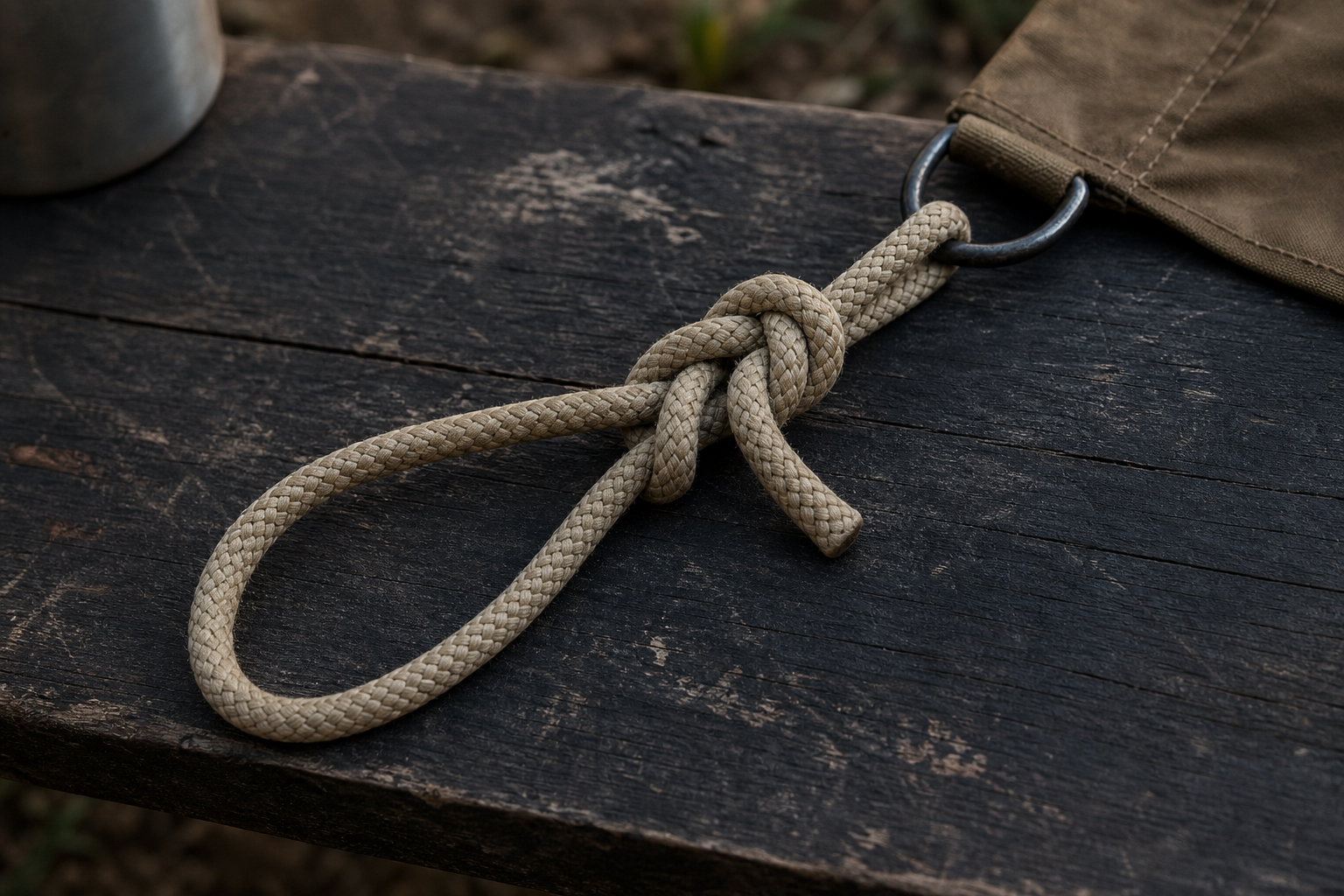 Close-up of a bowline knot tied in tan rope on a dark camp table