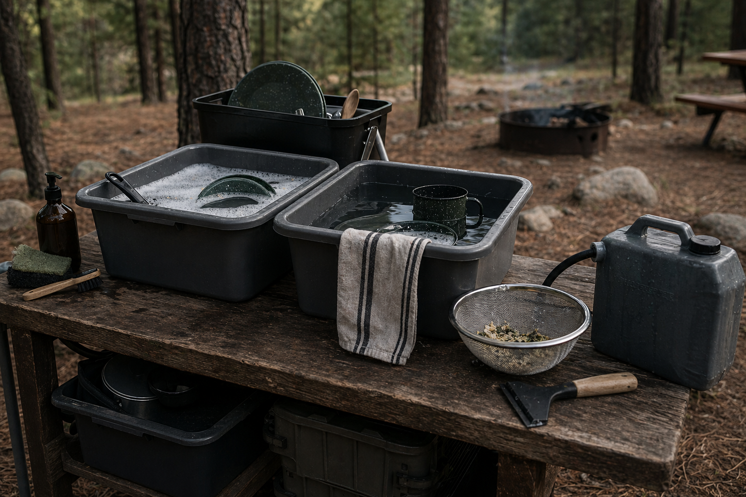 Camp dishwashing setup with tubs, scraper, strainer, soap, and gray-water plan