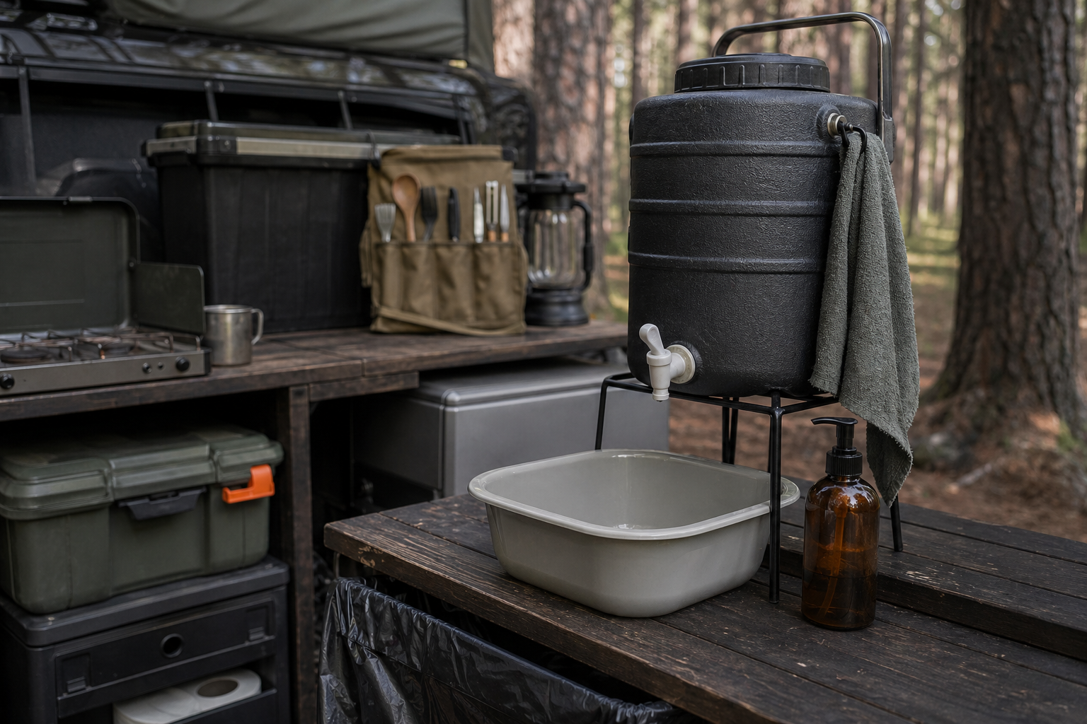 Simple camp hand-washing station with water jug, soap, towel, and basin at a kitchen table