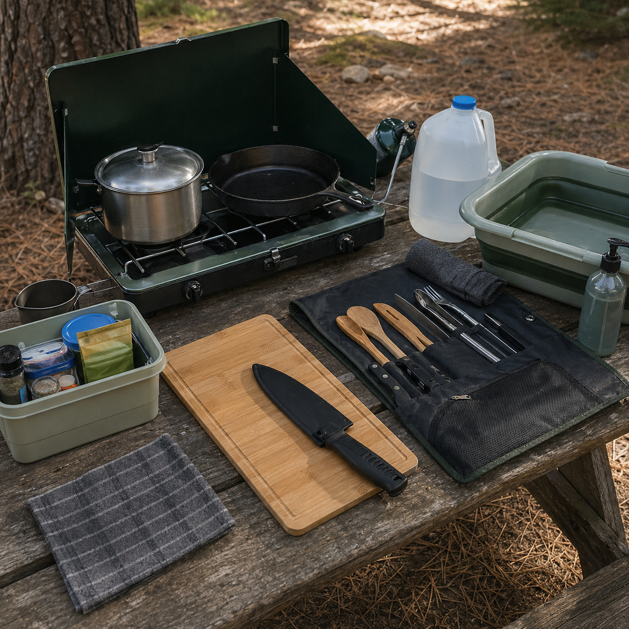 Compact camp kitchen with stove, cutting board, water jug, wash bin, and utensils roll