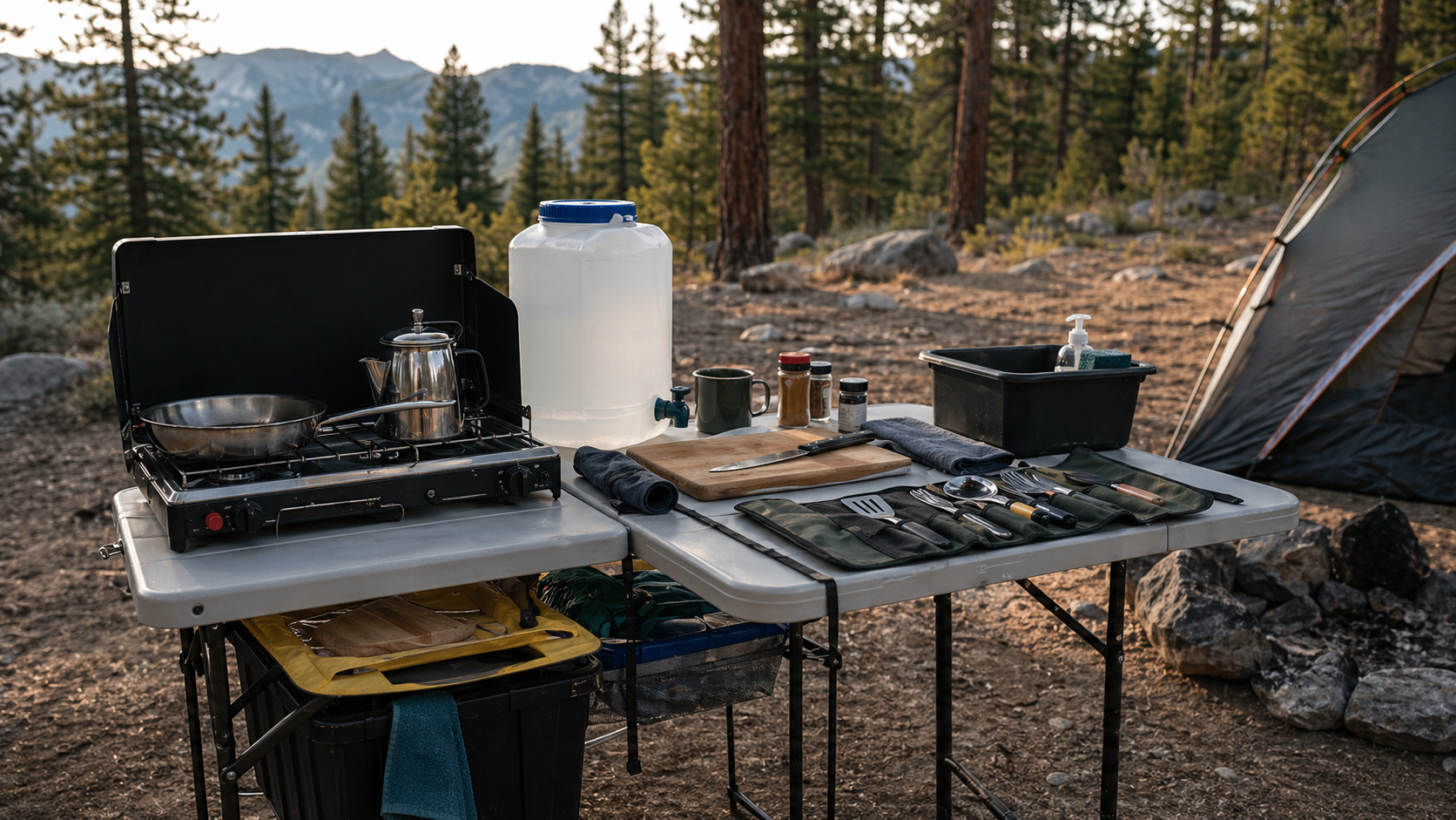 Simple organized camp kitchen setup with stove, water jug, utensils, and wash bin