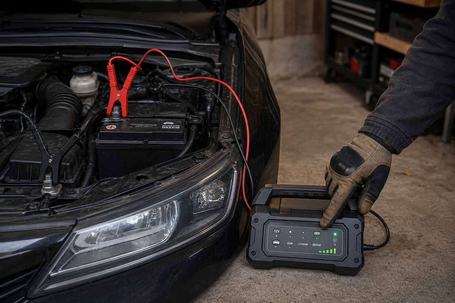 Industrial battery charger connected directly to a 12 volt car battery terminals