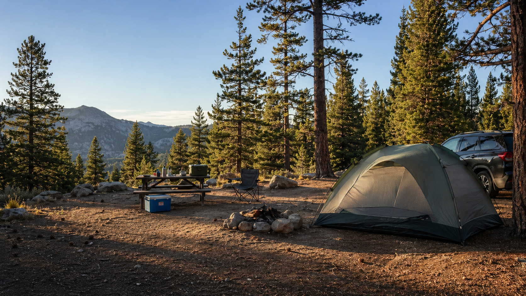 A well-spaced pine forest campsite with tent, vehicle, picnic table, and shade