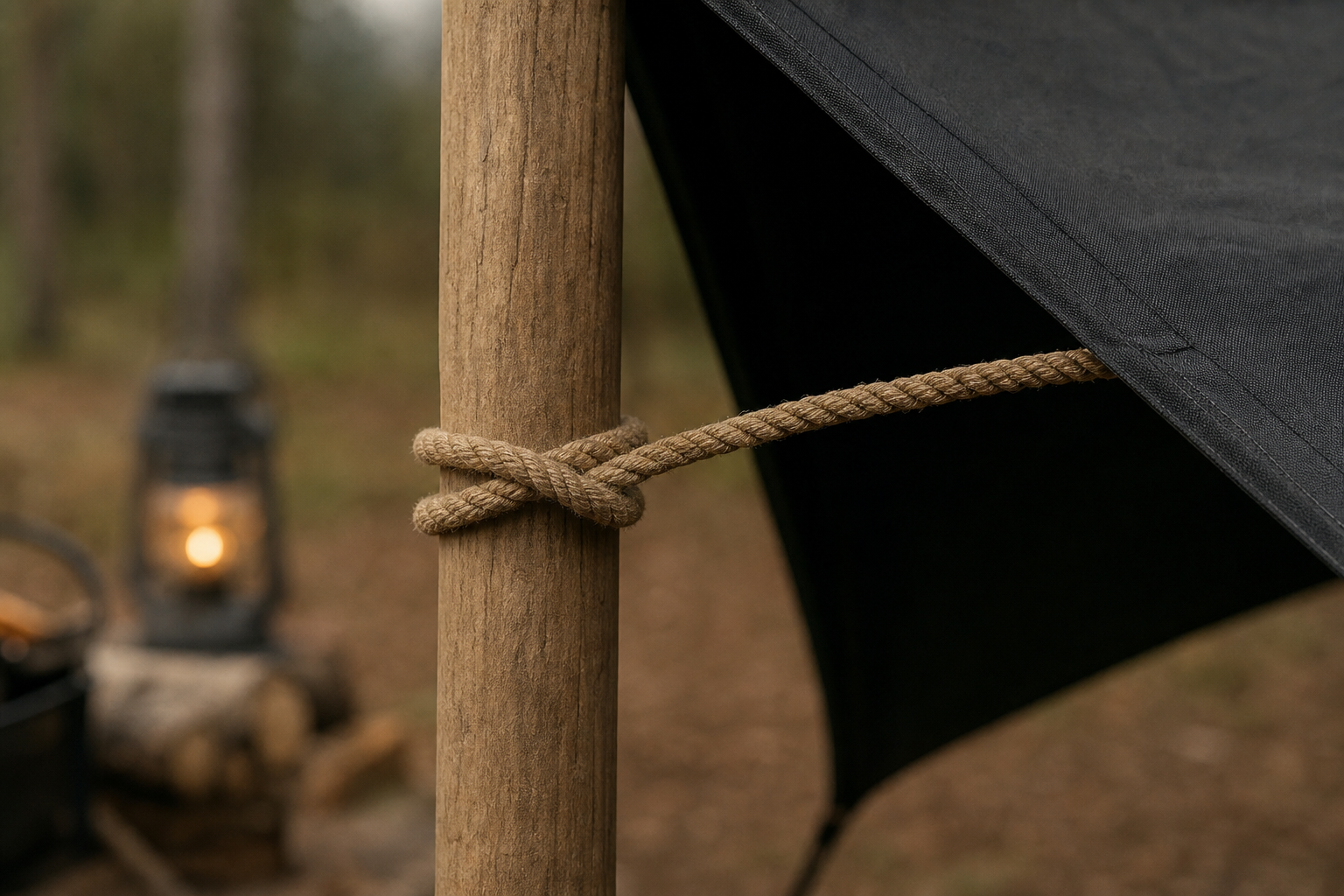 Clove hitch tied in tan rope around a wooden tarp pole at camp