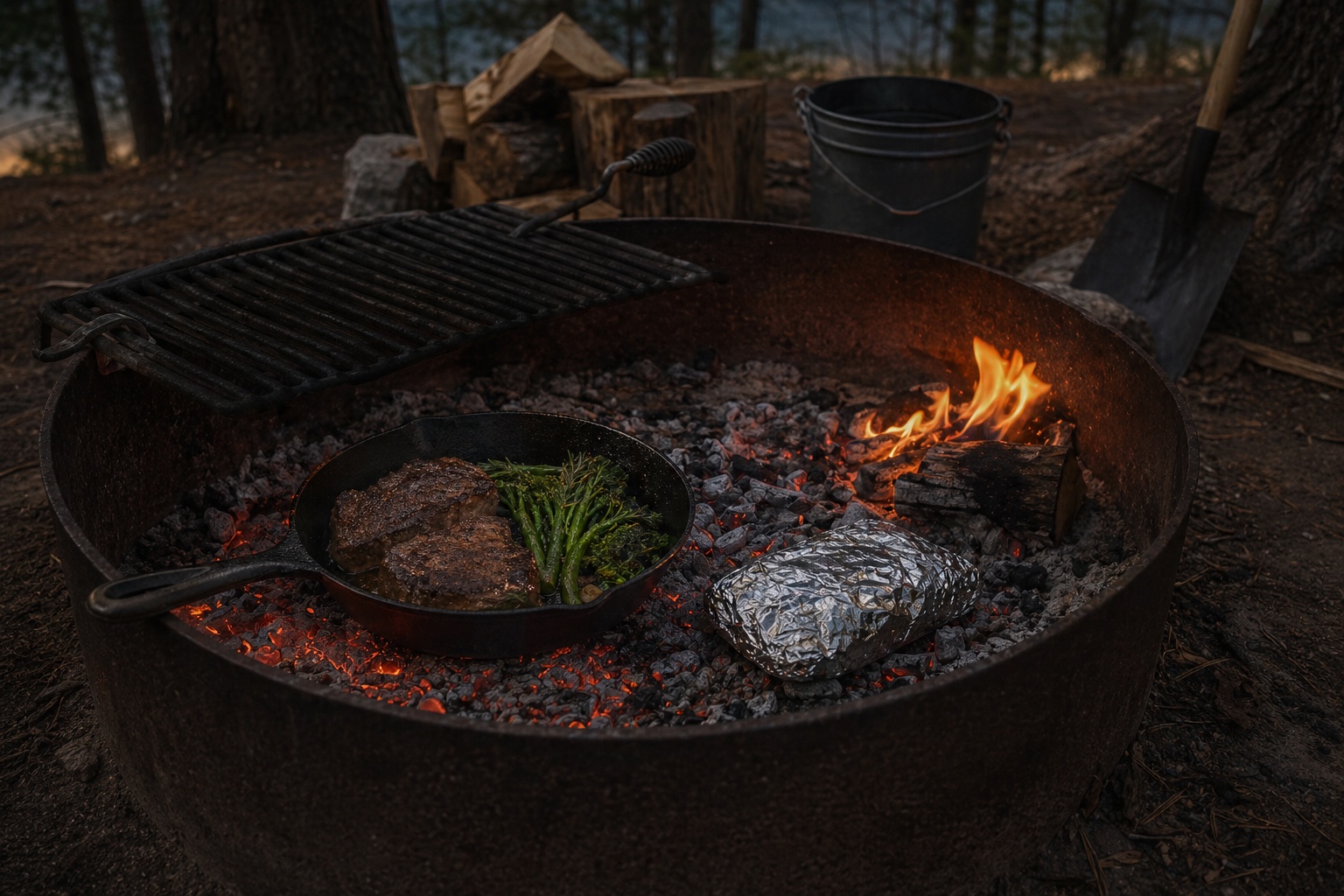 Camp food cooking over a bed of orange coals with fire tools nearby