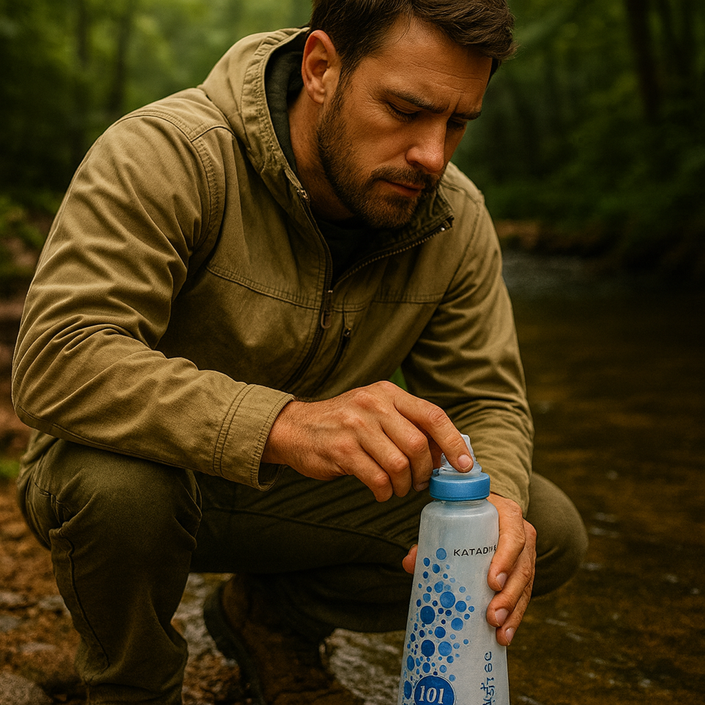 Squeeze-style water filter being used beside a clear creek