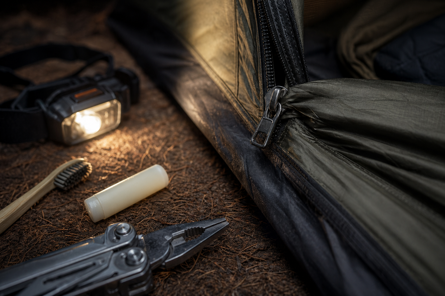 Close-up of a stuck tent zipper being repaired at camp