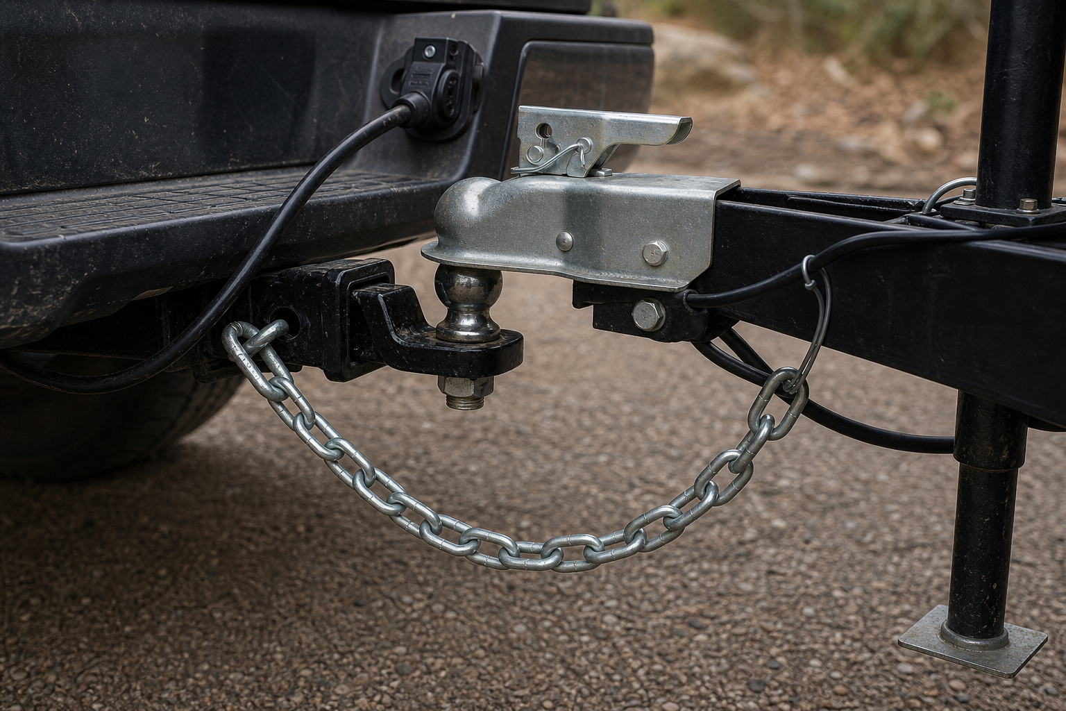 Correct trailer hookup diagram with coupler, crossed chains, wiring, and breakaway cable