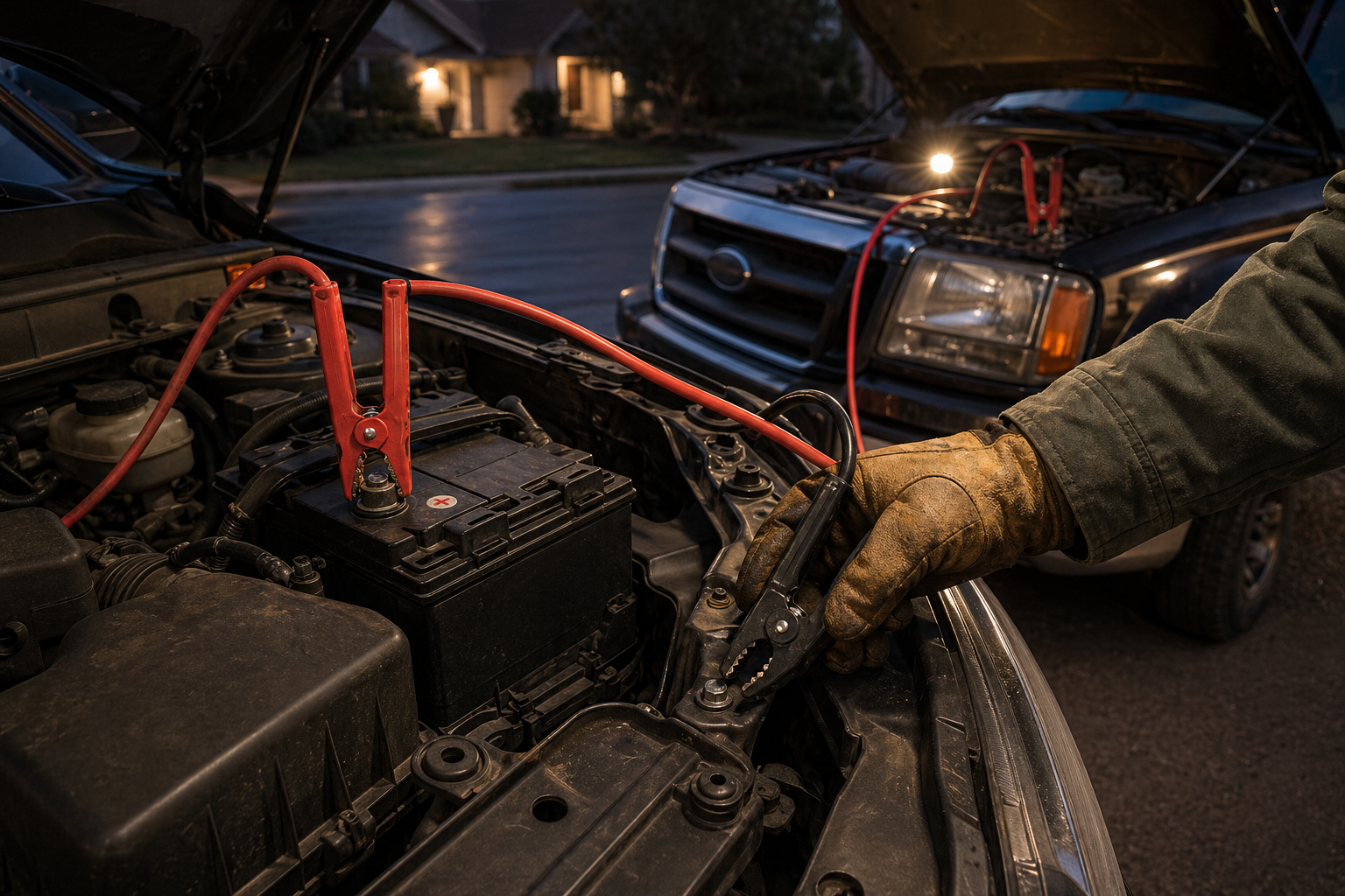 Jumper cables connected to a car battery and engine ground point in a driveway