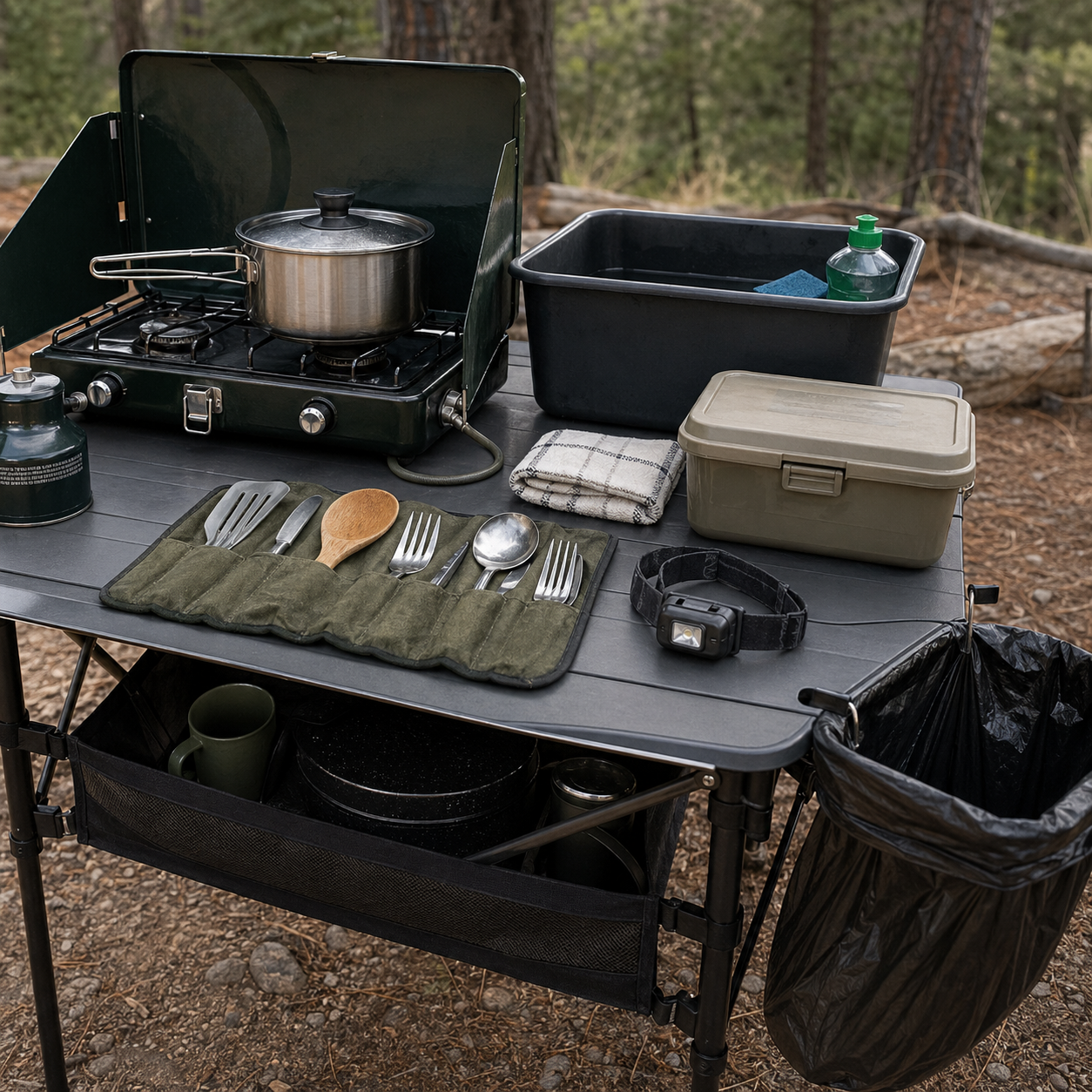 Camp kitchen table and labeled bins arranged in a clean campsite zone