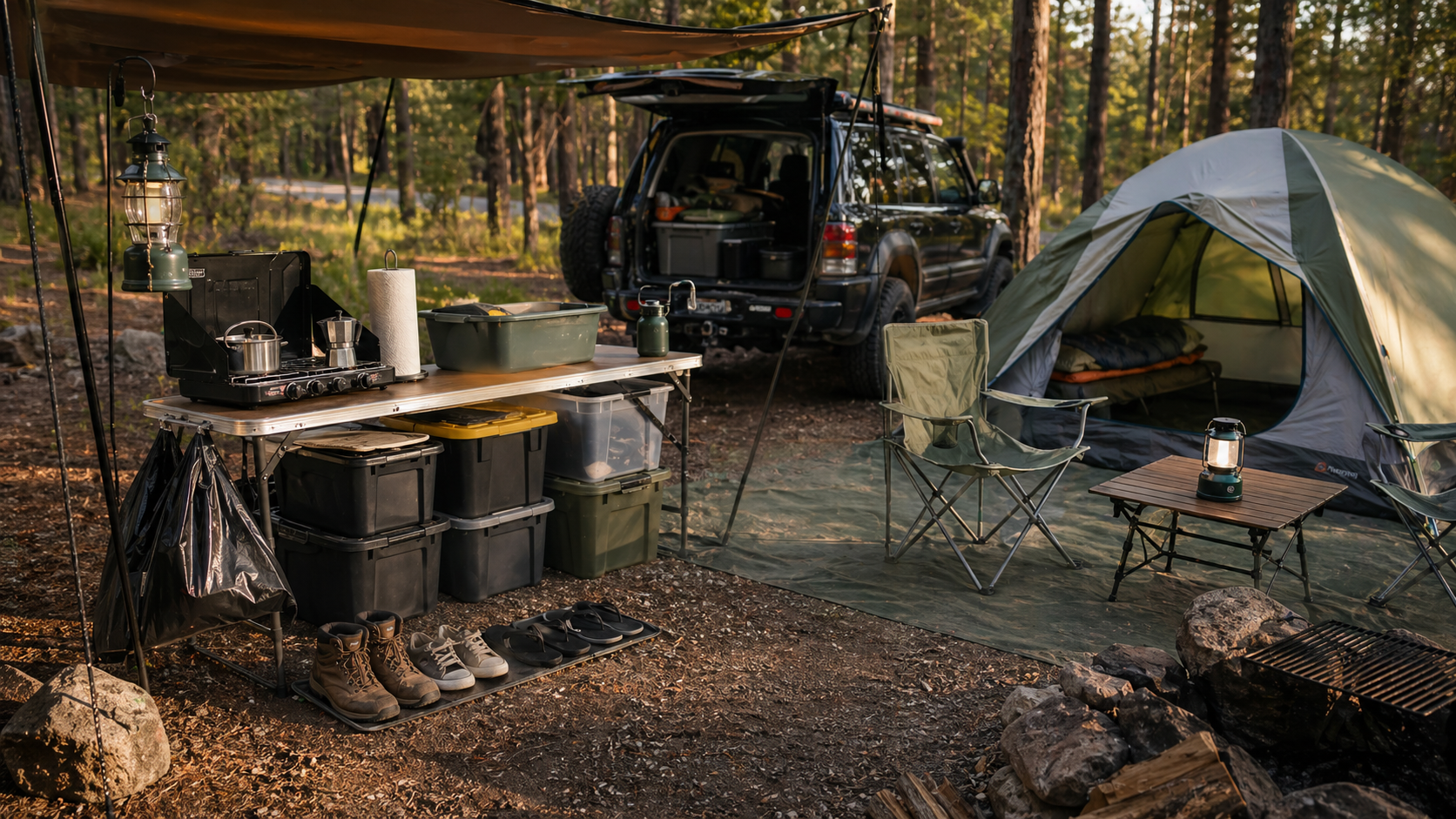 Organized campsite with kitchen table, storage bins, tent, chairs, and clean zones