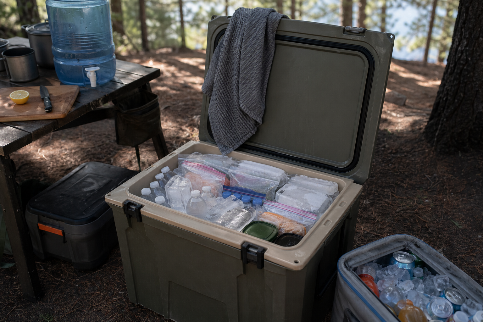 Packed cooler with ice, food containers, and drinks arranged for a car camping weekend
