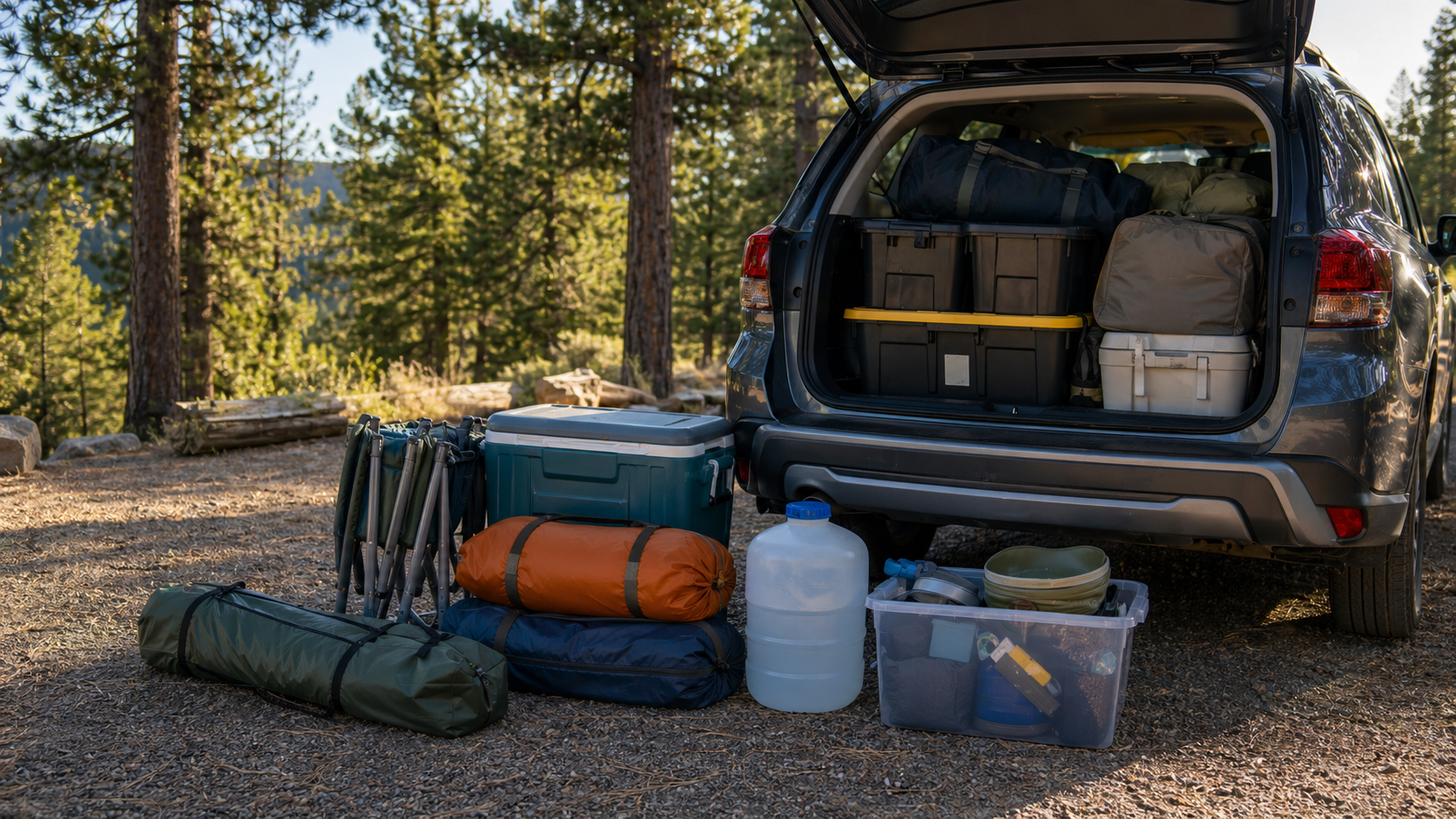 Car camping gear packed beside an open vehicle at a wooded campsite