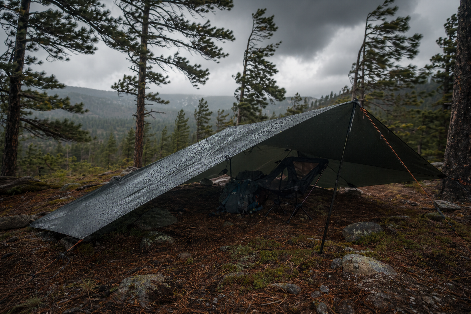 Low tarp pitch with guy lines arranged for wind at camp