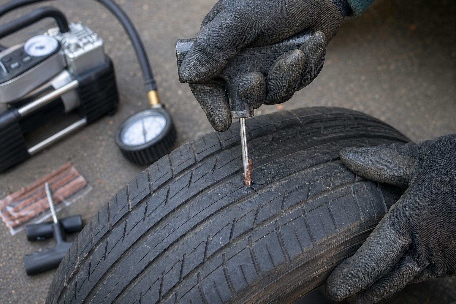 String tire plug being inserted into a tread puncture with repair tools nearby