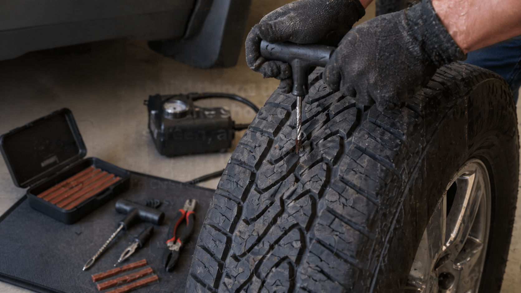 Gloved hands using a T-handle tire plug tool on a punctured tire tread