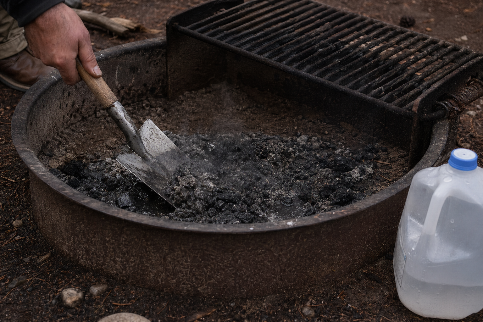 Wet campfire ashes being stirred with a shovel after water has been poured