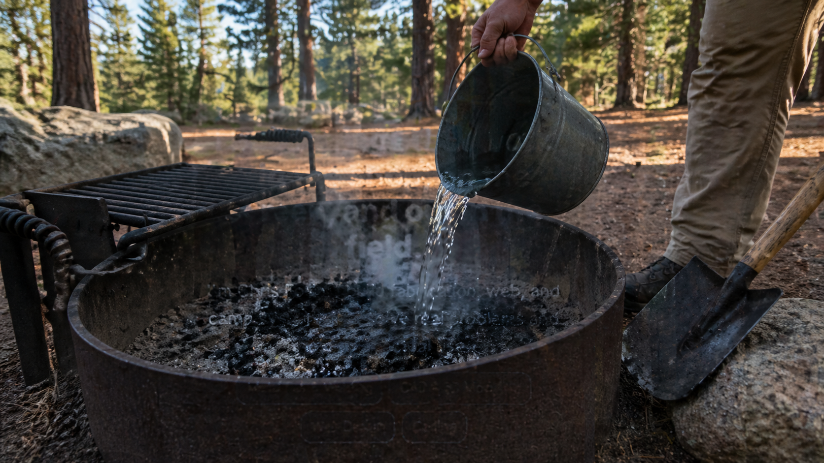 Campfire coals being drowned with water in a fire ring with a shovel nearby