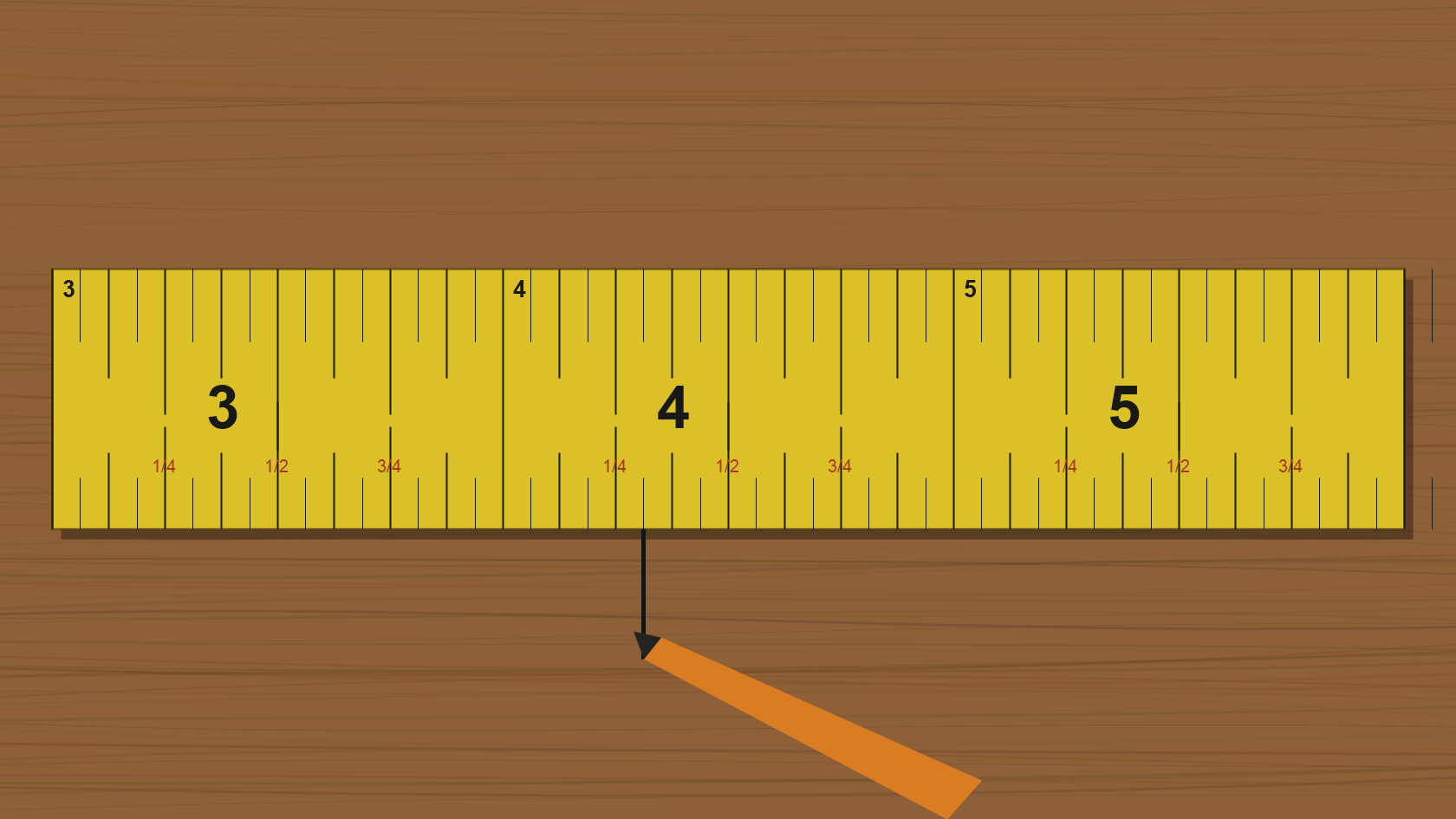 Close detail of tape measure fraction marks with a pencil tip at the reading