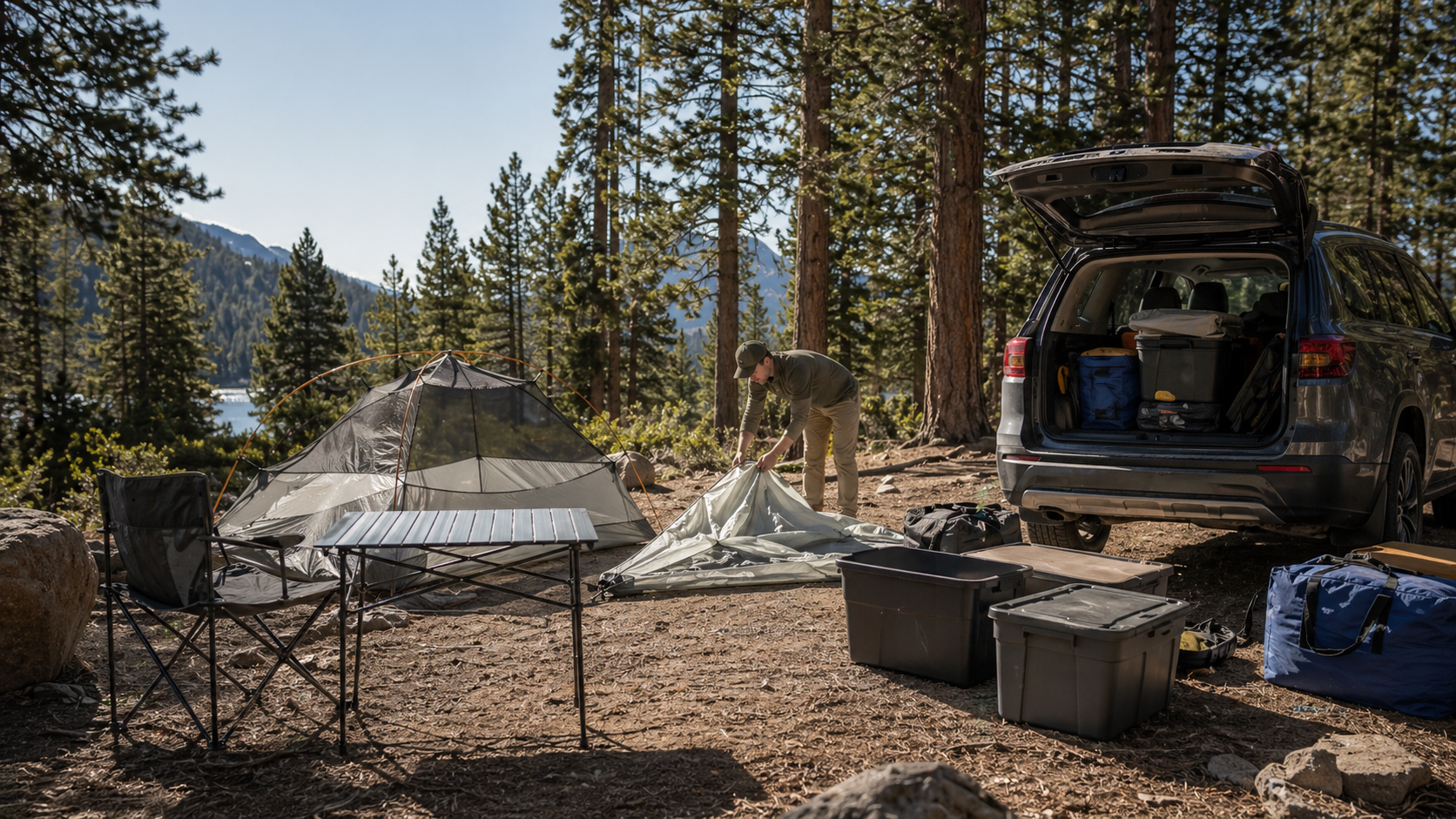 Organized car camping setup with tent, open hatch, bins, and table