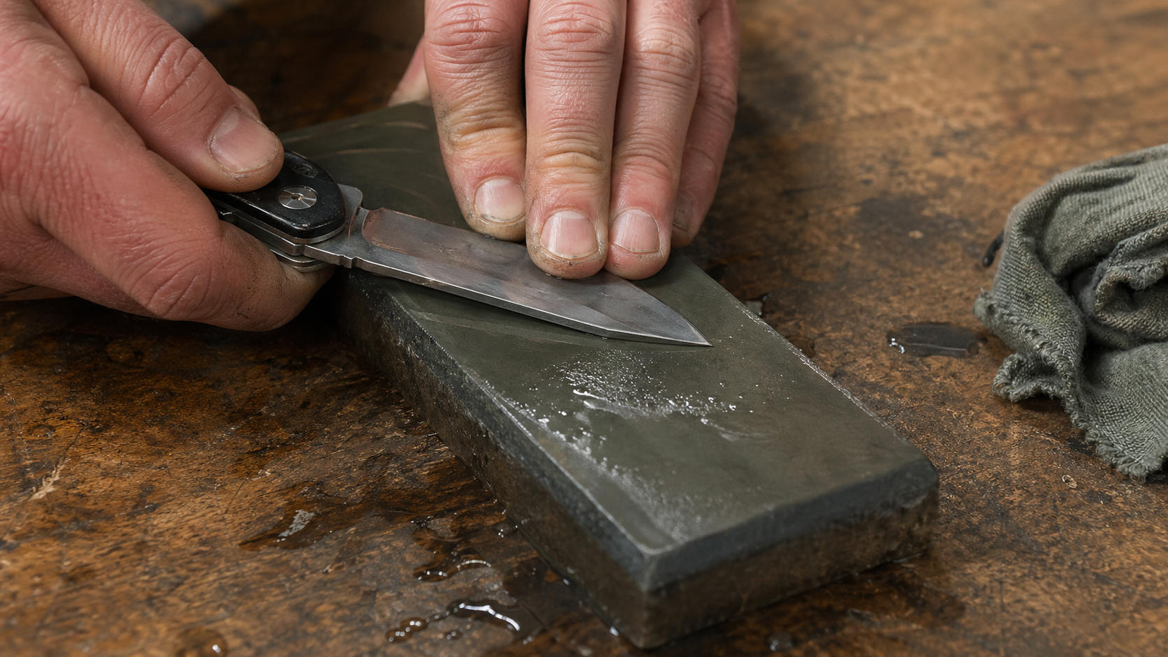 Knife blade held at a steady angle on a wet whetstone