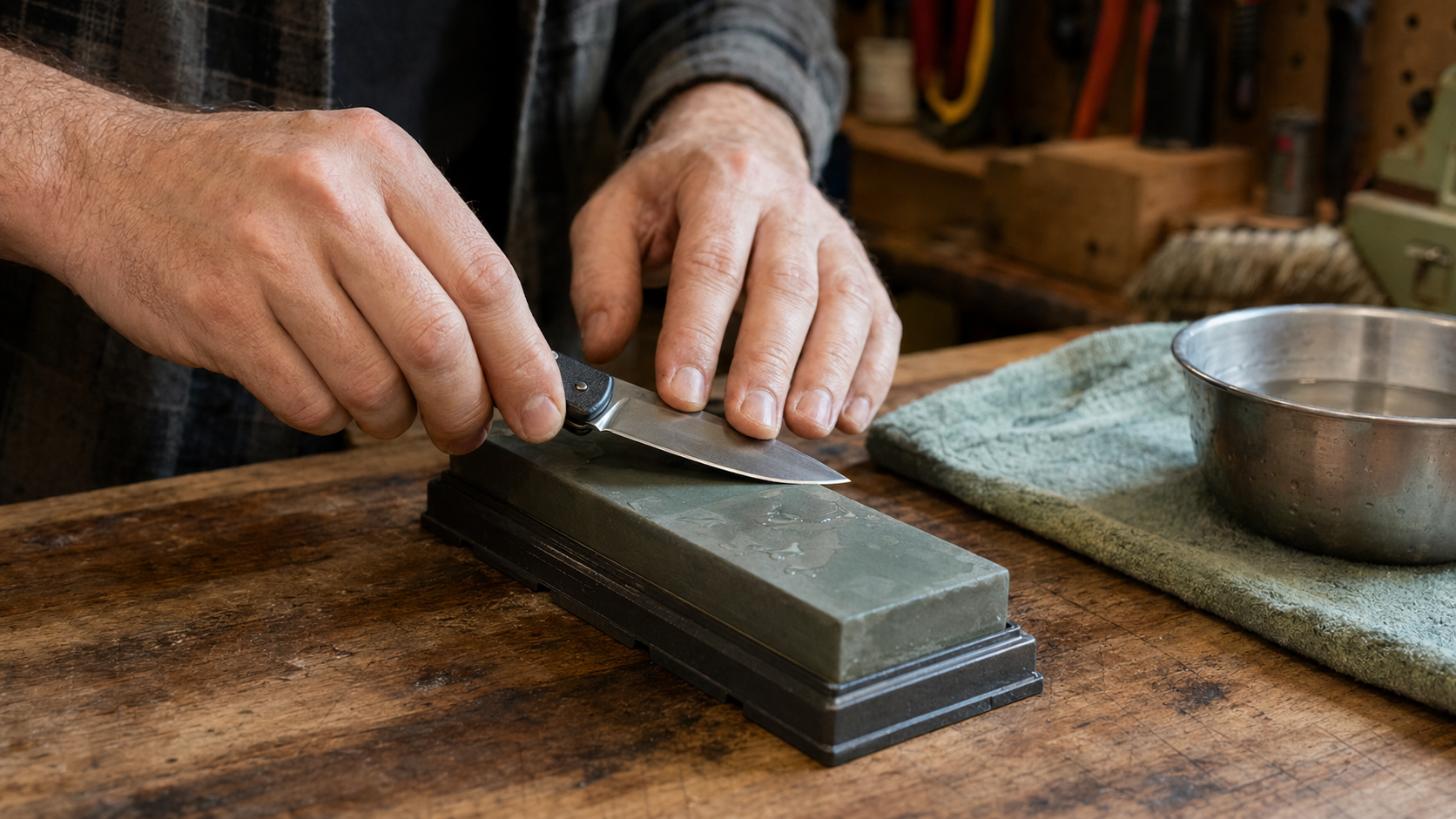 Hands sharpening a folding knife on a whetstone at a garage workbench