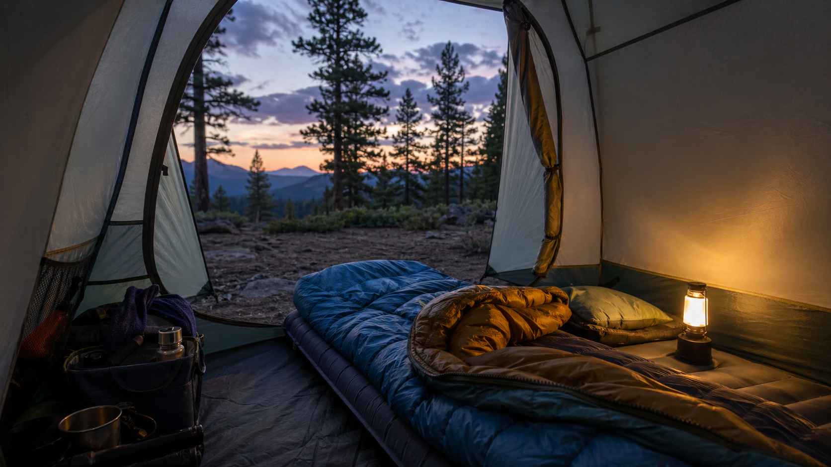 Warm tent sleep setup at dusk with pad, sleeping bag, pillow, and lantern