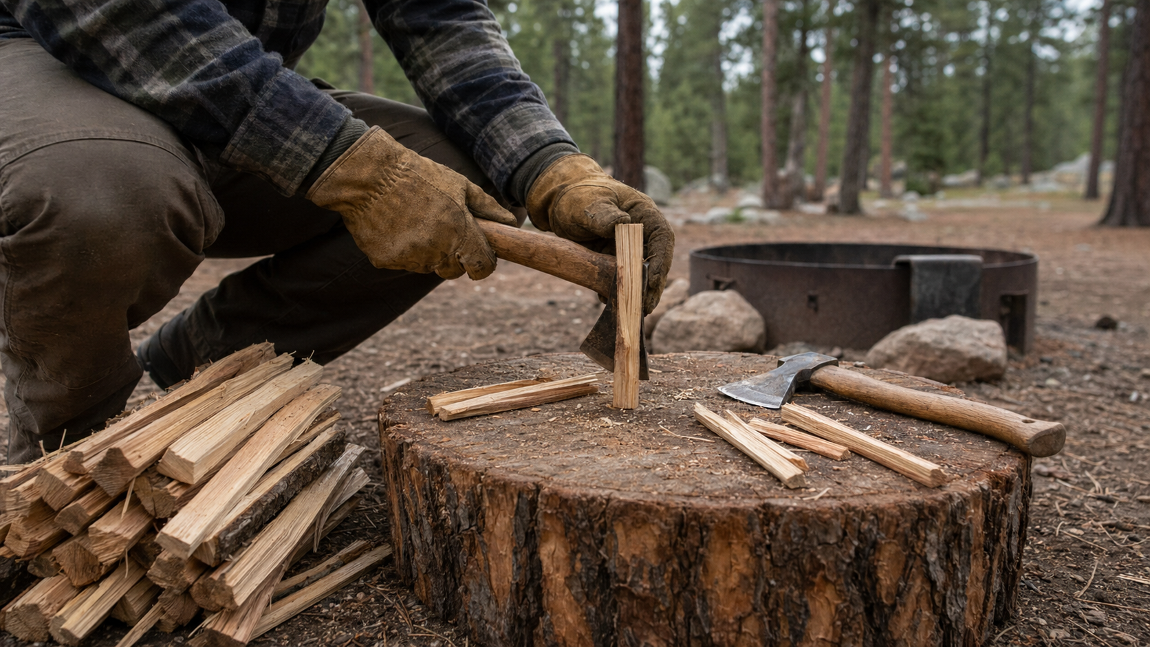 Small kindling pieces on a chopping block with a hatchet resting safely nearby