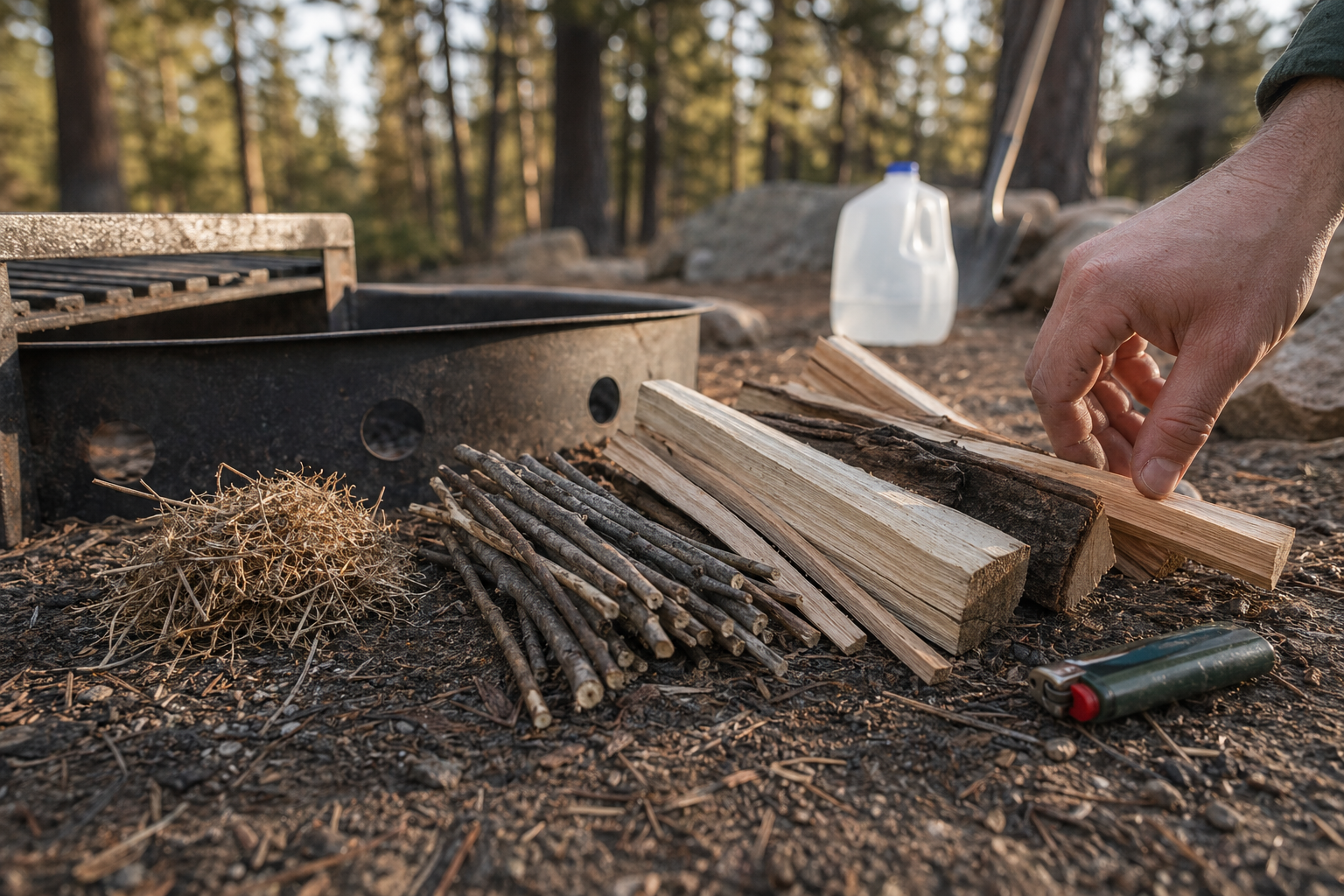 Tinder and kindling staged beside a campfire ring before lighting