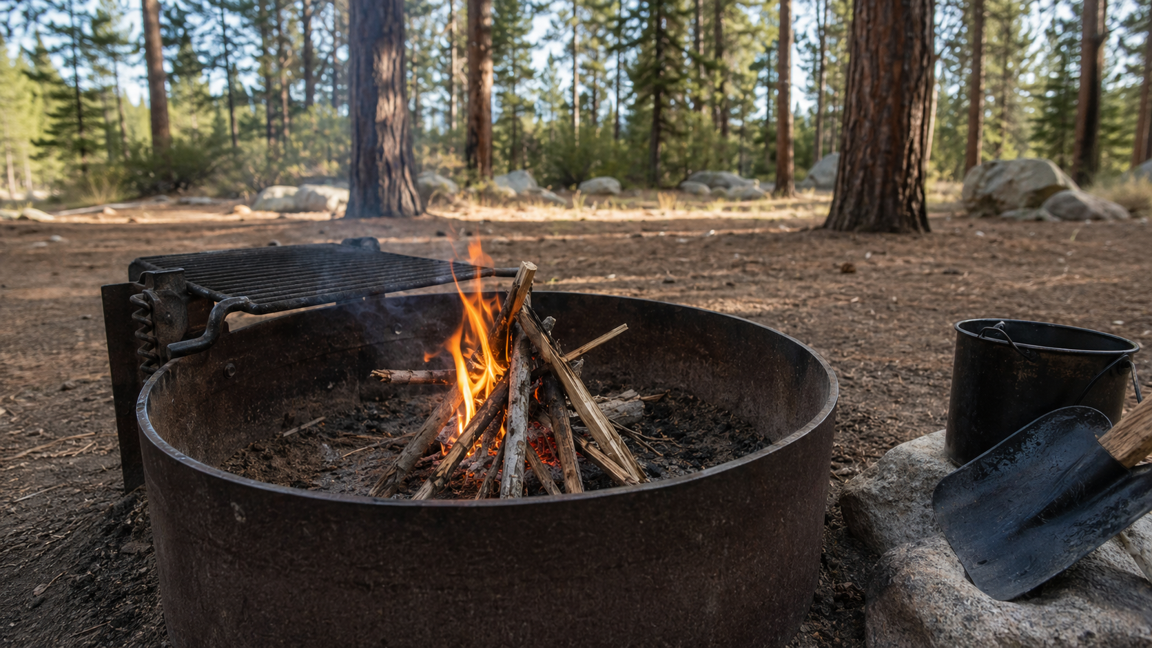 Small campfire starting in a metal fire ring with kindling, water, and a shovel nearby