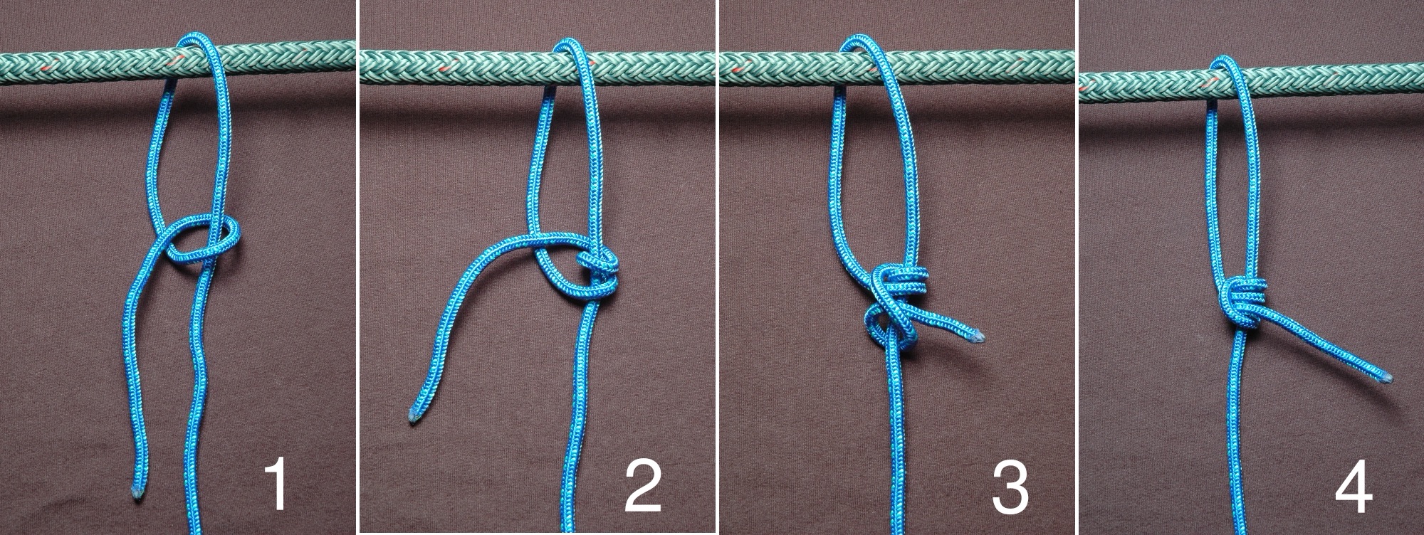 Four photo steps showing how to tie a taut-line hitch around a standing line