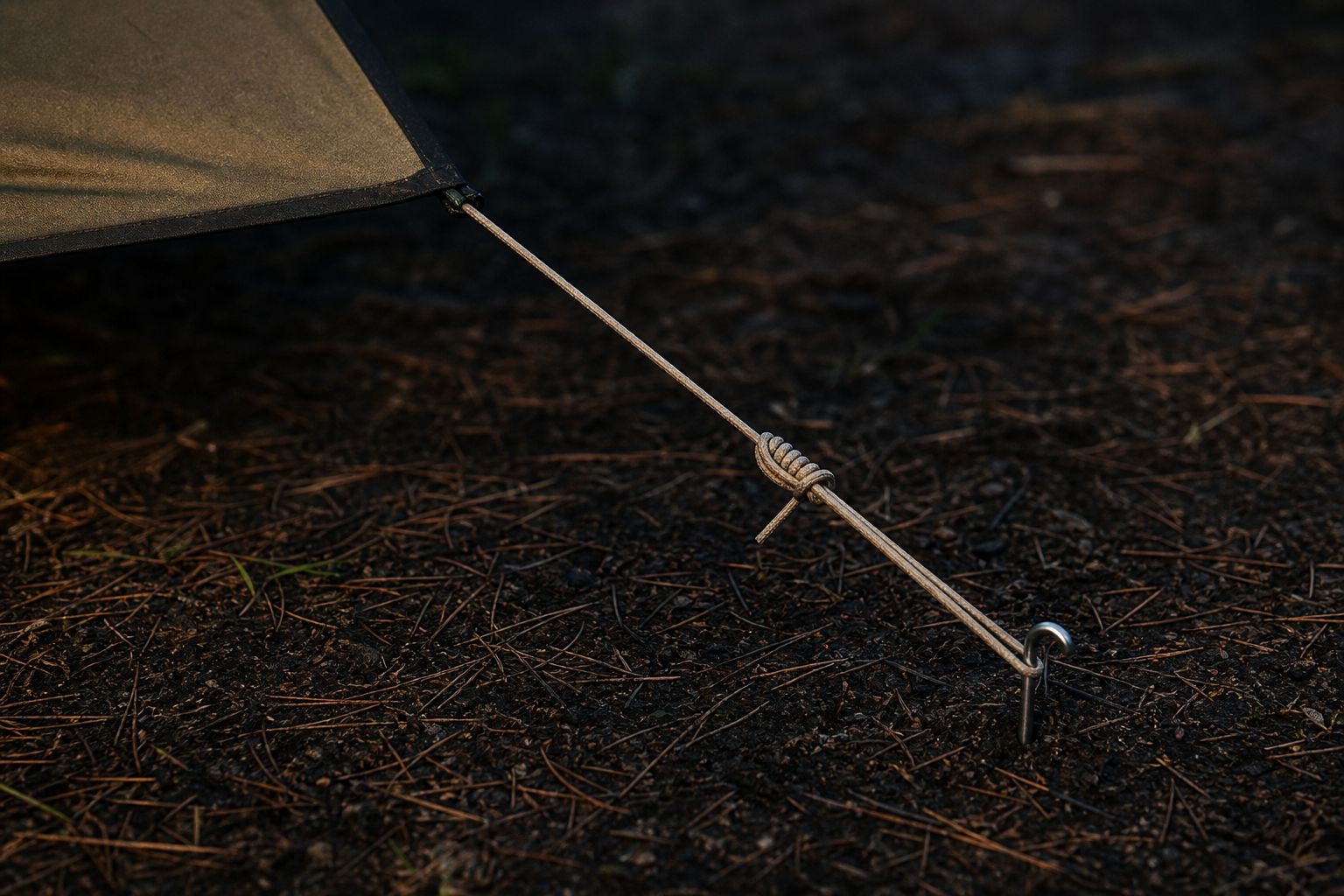 Taut-line hitch tied on a tent guyline near a metal stake at camp