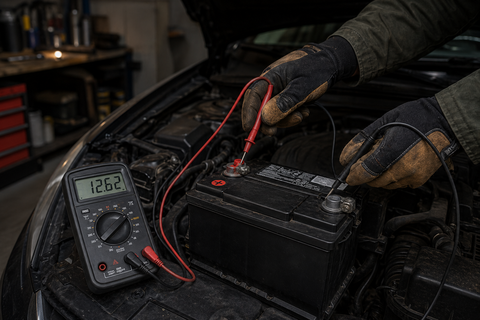 Digital multimeter probes testing a 12 volt car battery in an engine bay
