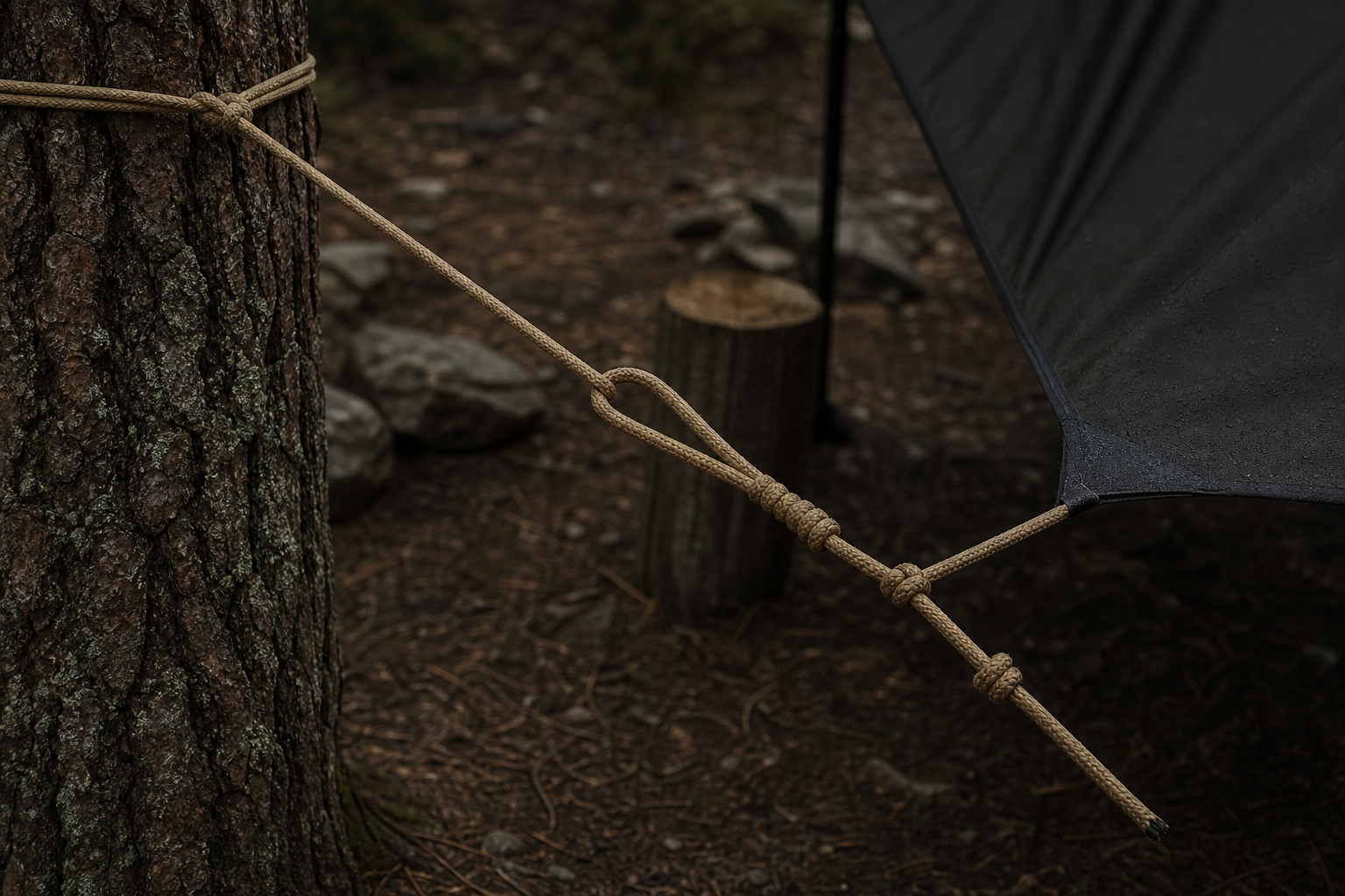 Tensioned camp rope tied between trees with a trucker's hitch