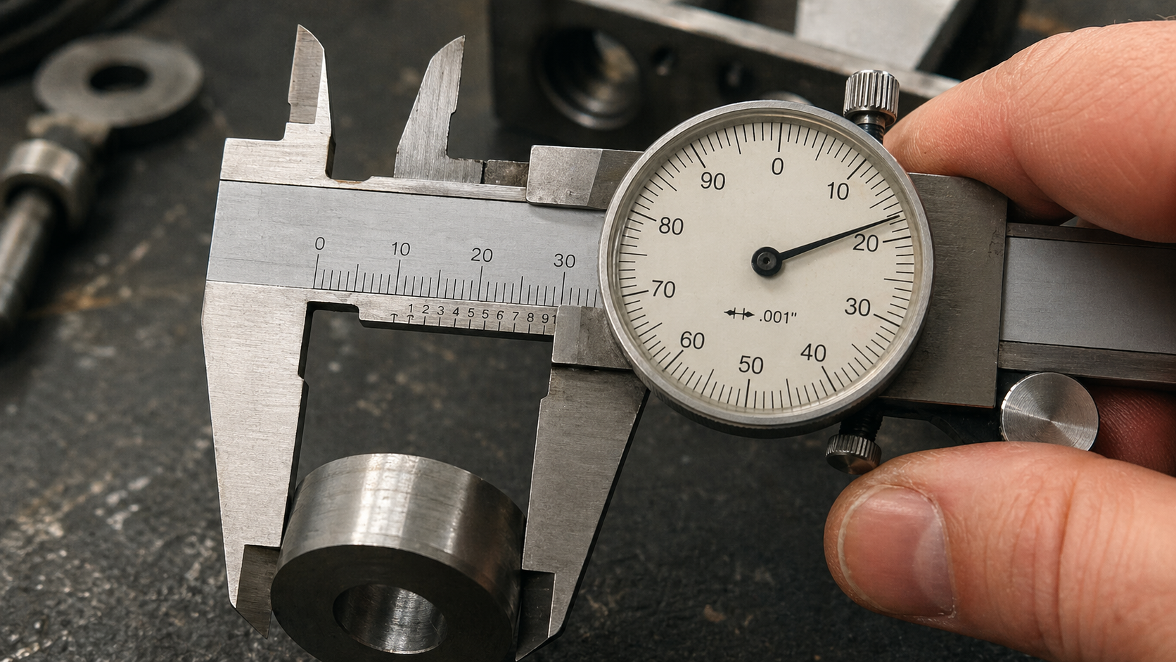 Close detail of dial caliper scale and dial while measuring a small steel part