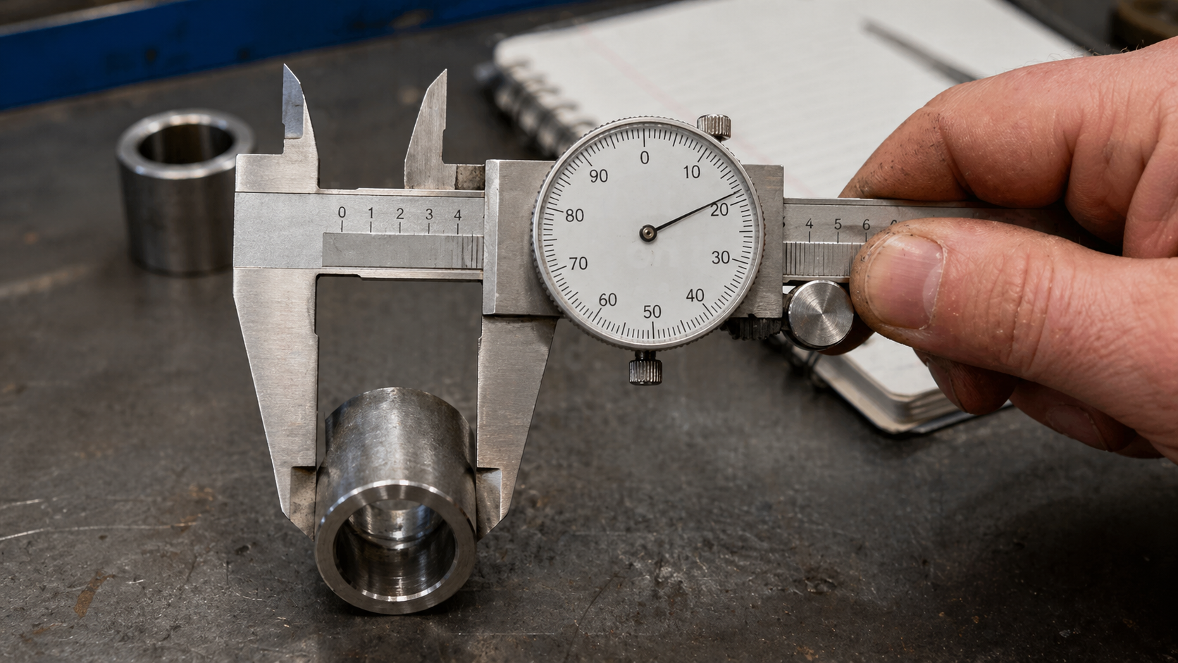 Dial caliper measuring a small machined metal part on a shop bench
