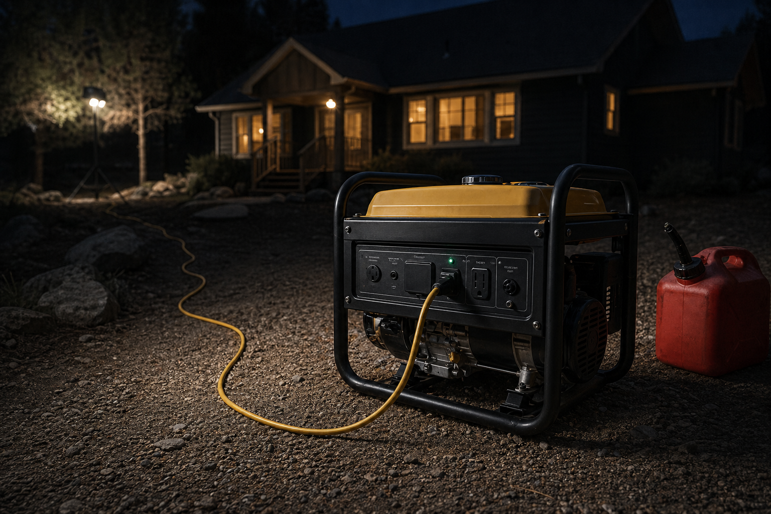Portable generator running outside far from a cabin with an outdoor extension cord