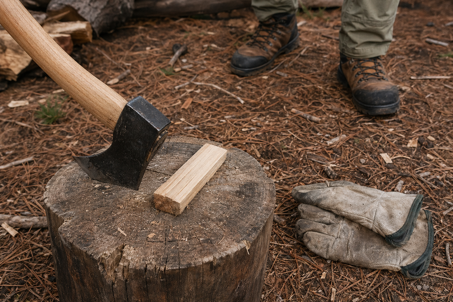 Hatchet and wood on a stable chopping block with boots set safely back