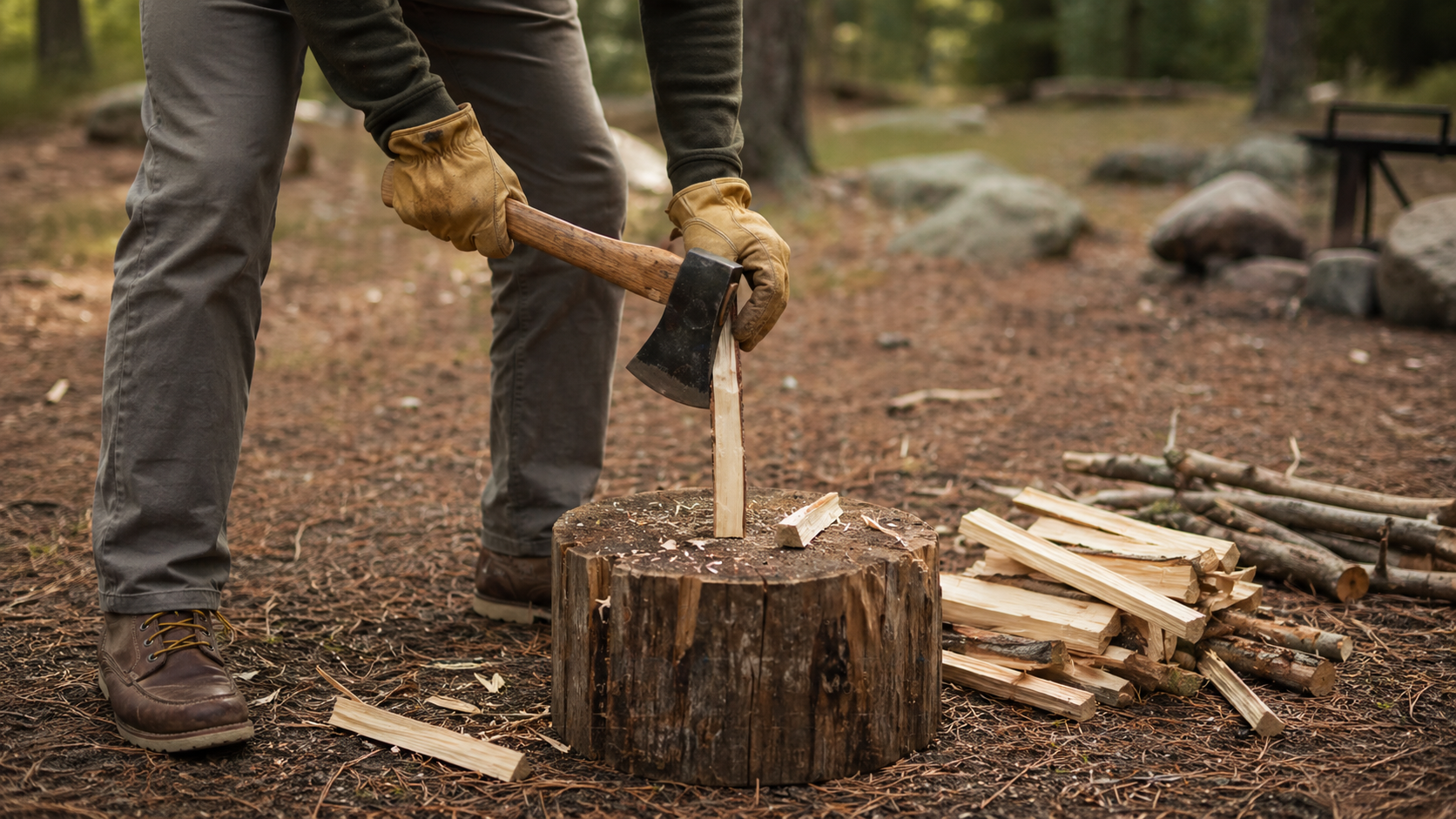 Gloved hands using a hatchet on a chopping block at a campsite