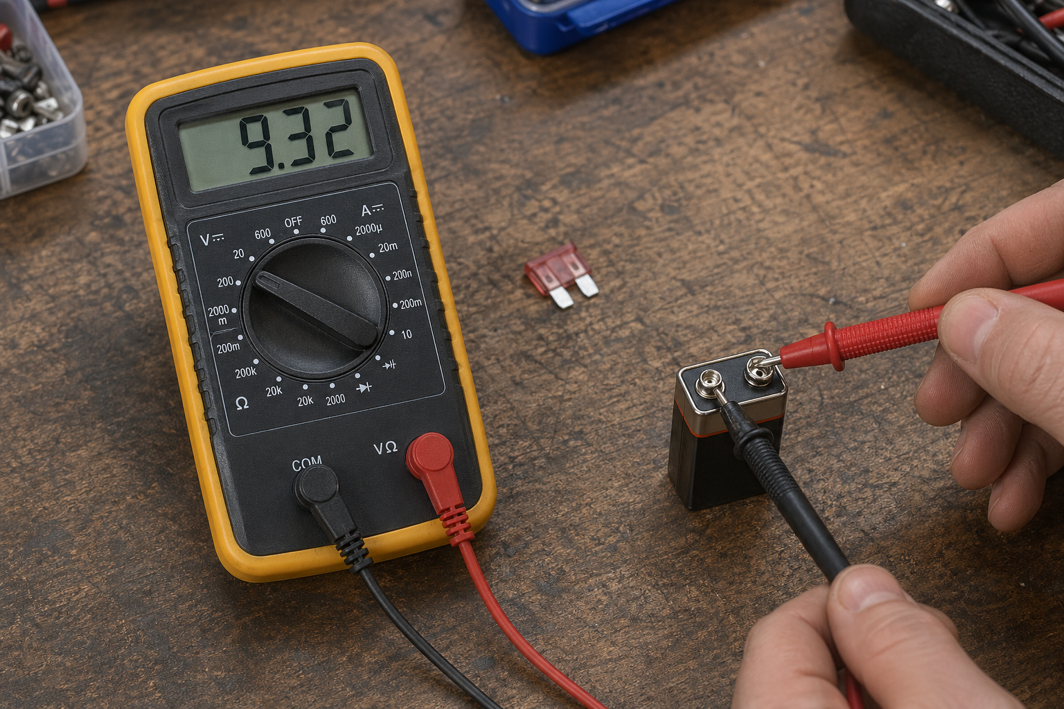 Multimeter leads set up for a low-voltage battery check on a workbench