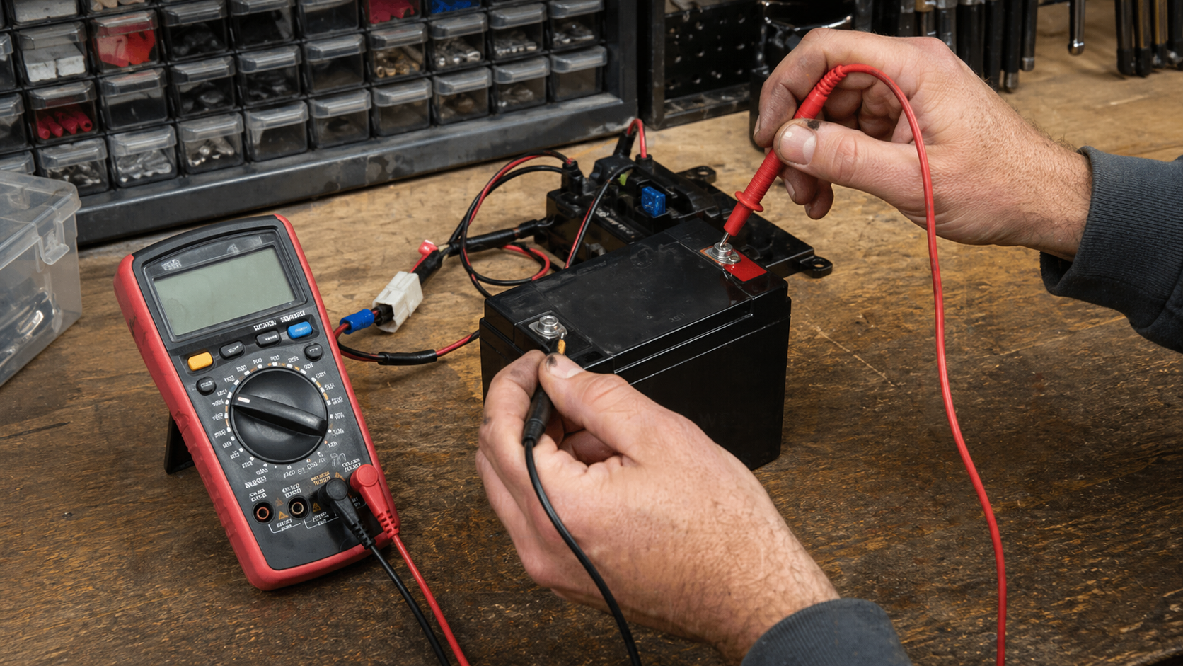Digital multimeter probes checking a 12 volt battery and low voltage wiring on a garage bench