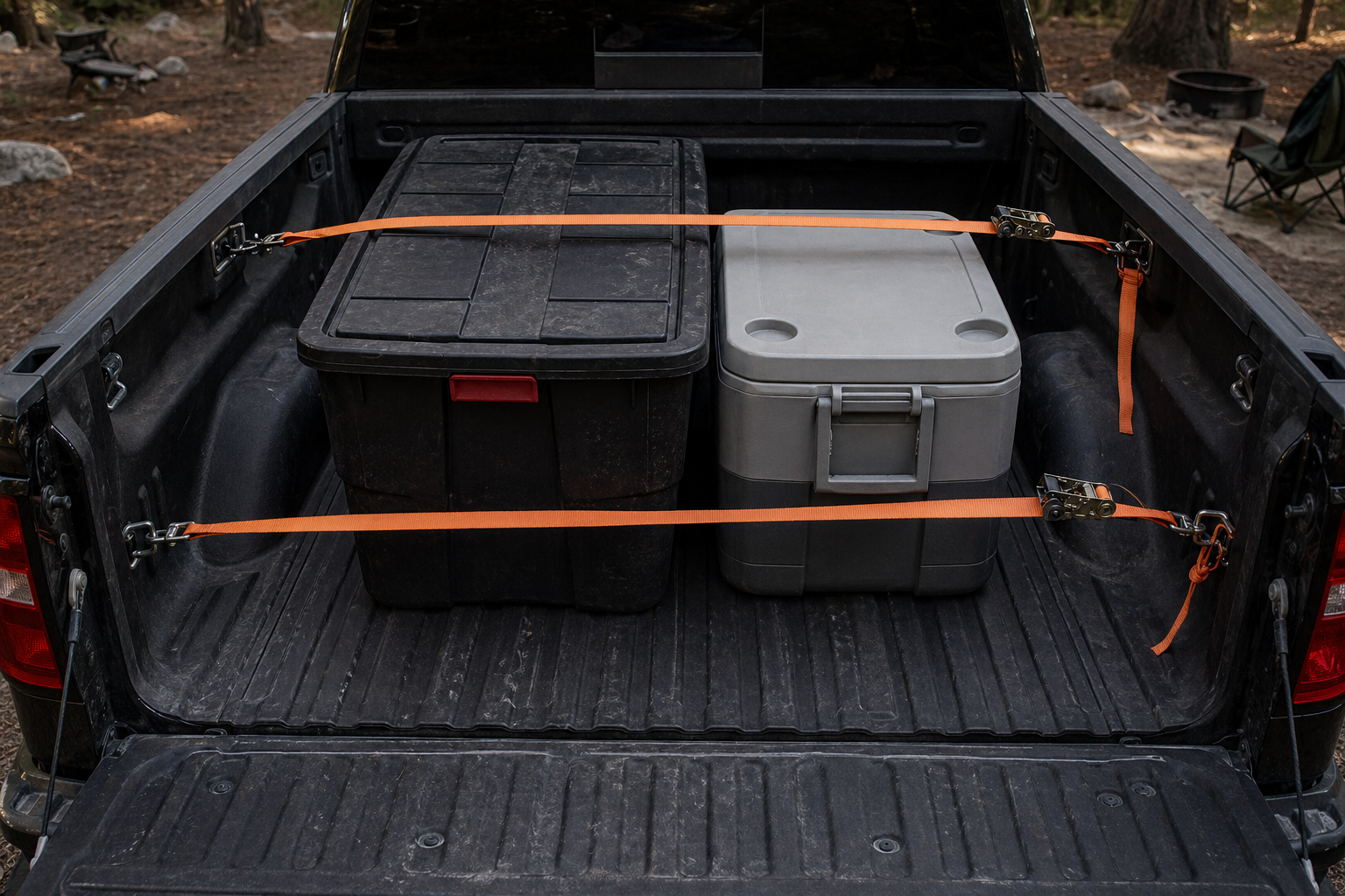 Correct ratchet strap routing over cargo with two straps hooked to opposite tie-down points