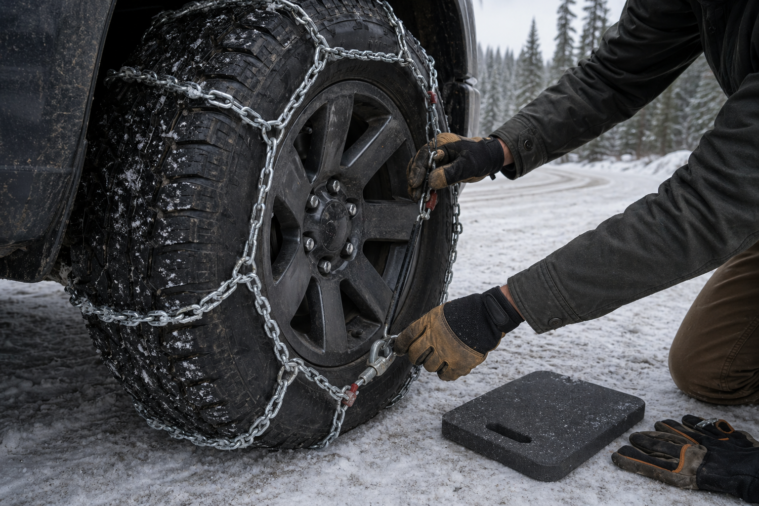 Gloved hands fitting tire chains on a truck tire in snow