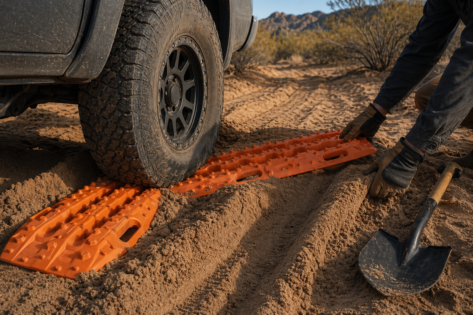 Traction boards wedged under a truck tire in sand with shovel marks around the rut
