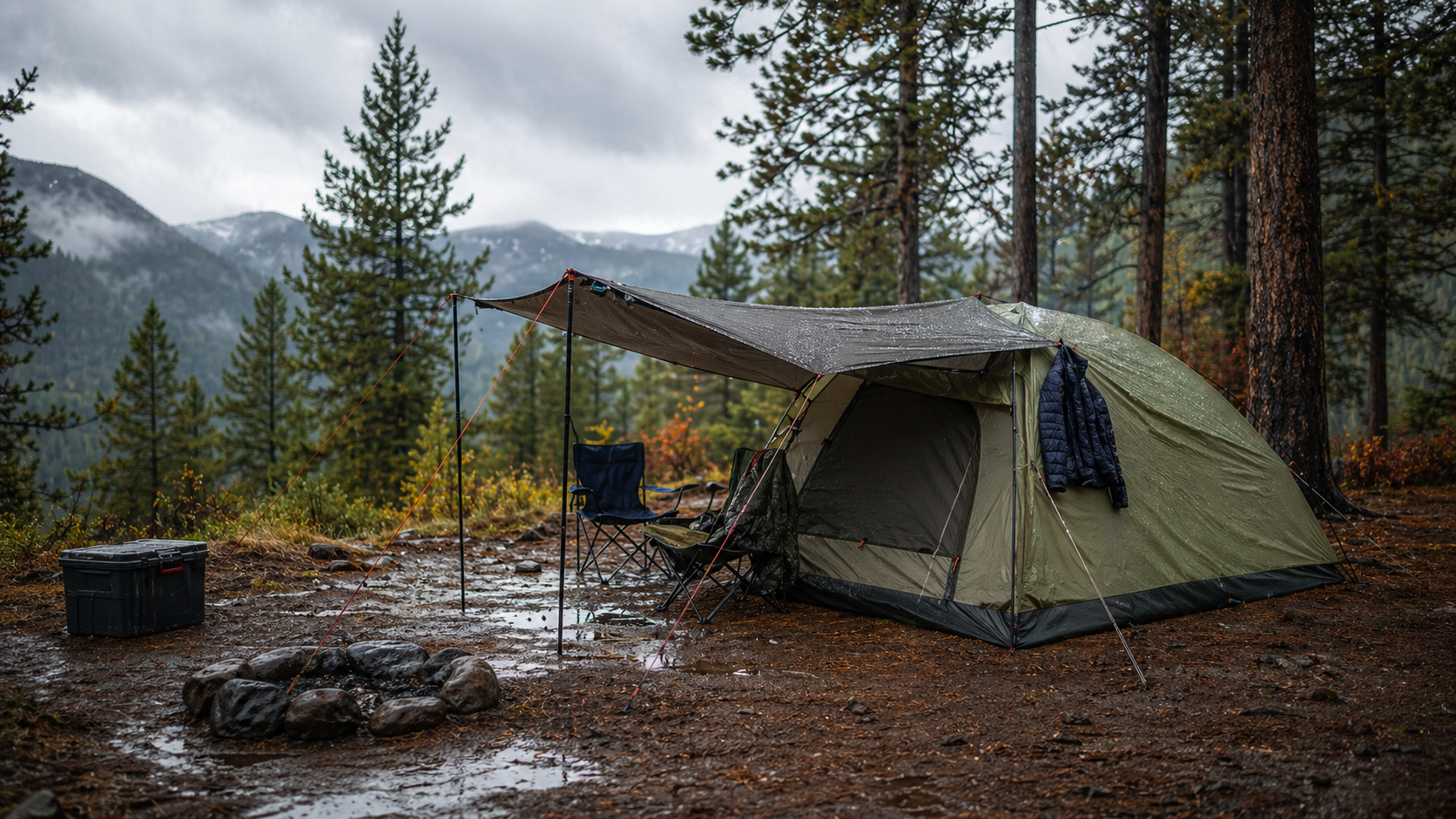Rain-ready mountain campsite with tarp, tent, guy lines, and wet ground